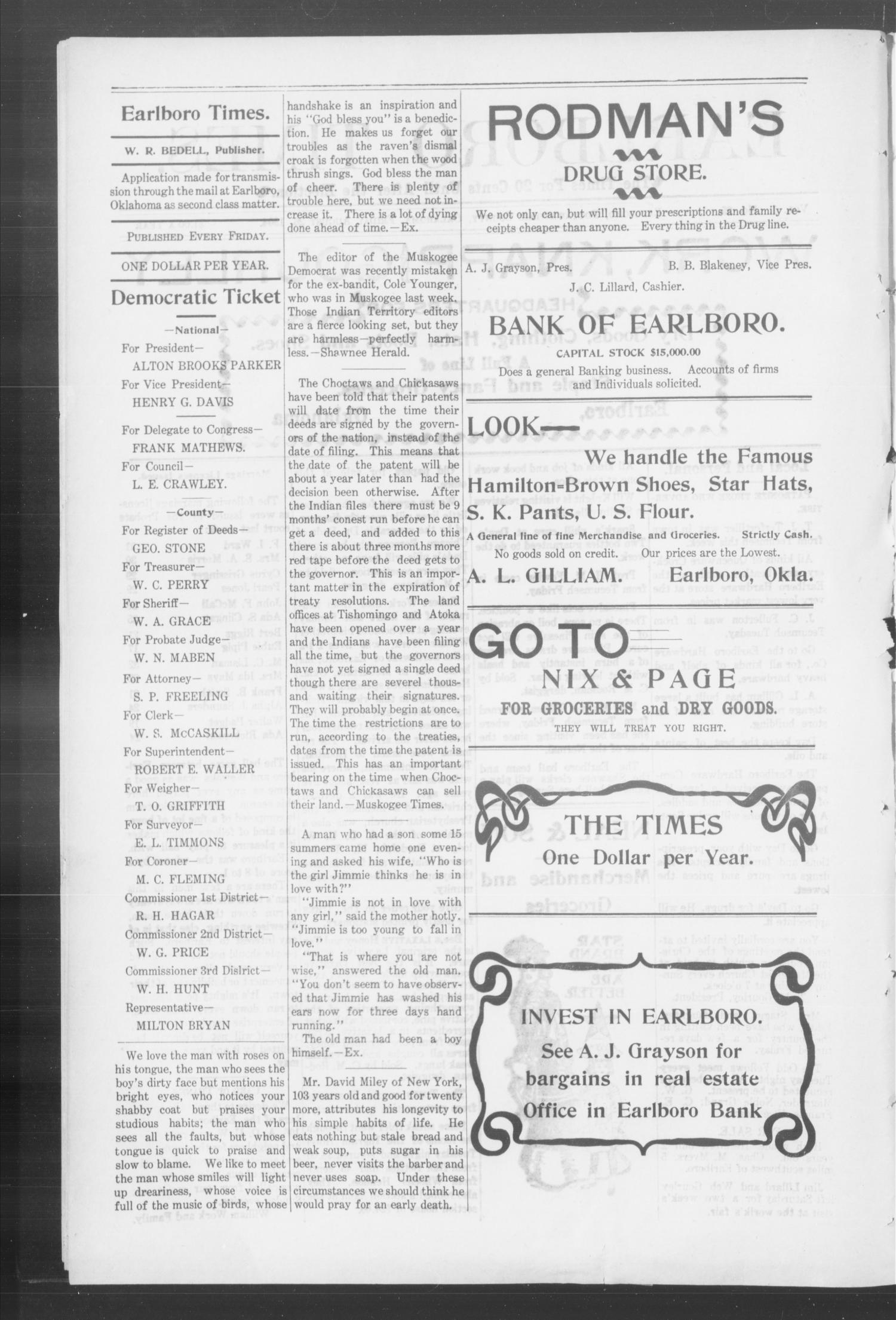 Earlboro Times. (Earlboro, Okla.), Vol. 1, No. 25, Ed. 1 Friday, August 26, 1904
                                                
                                                    [Sequence #]: 2 of 4
                                                
