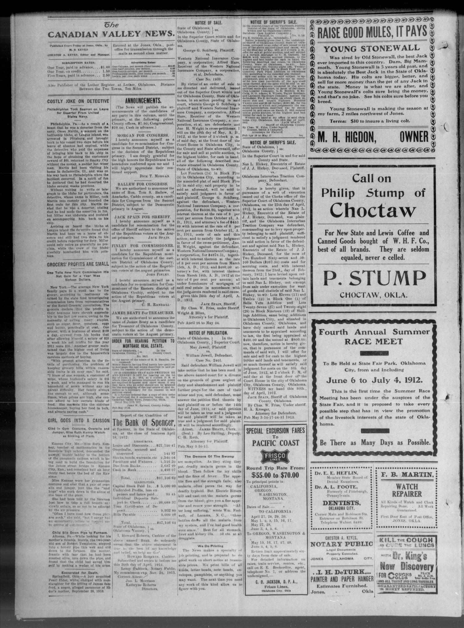 The Canadian Valley News. (Jones City, Okla.), Vol. 12, No. 1, Ed. 1 Friday, May 17, 1912
                                                
                                                    [Sequence #]: 4 of 8
                                                