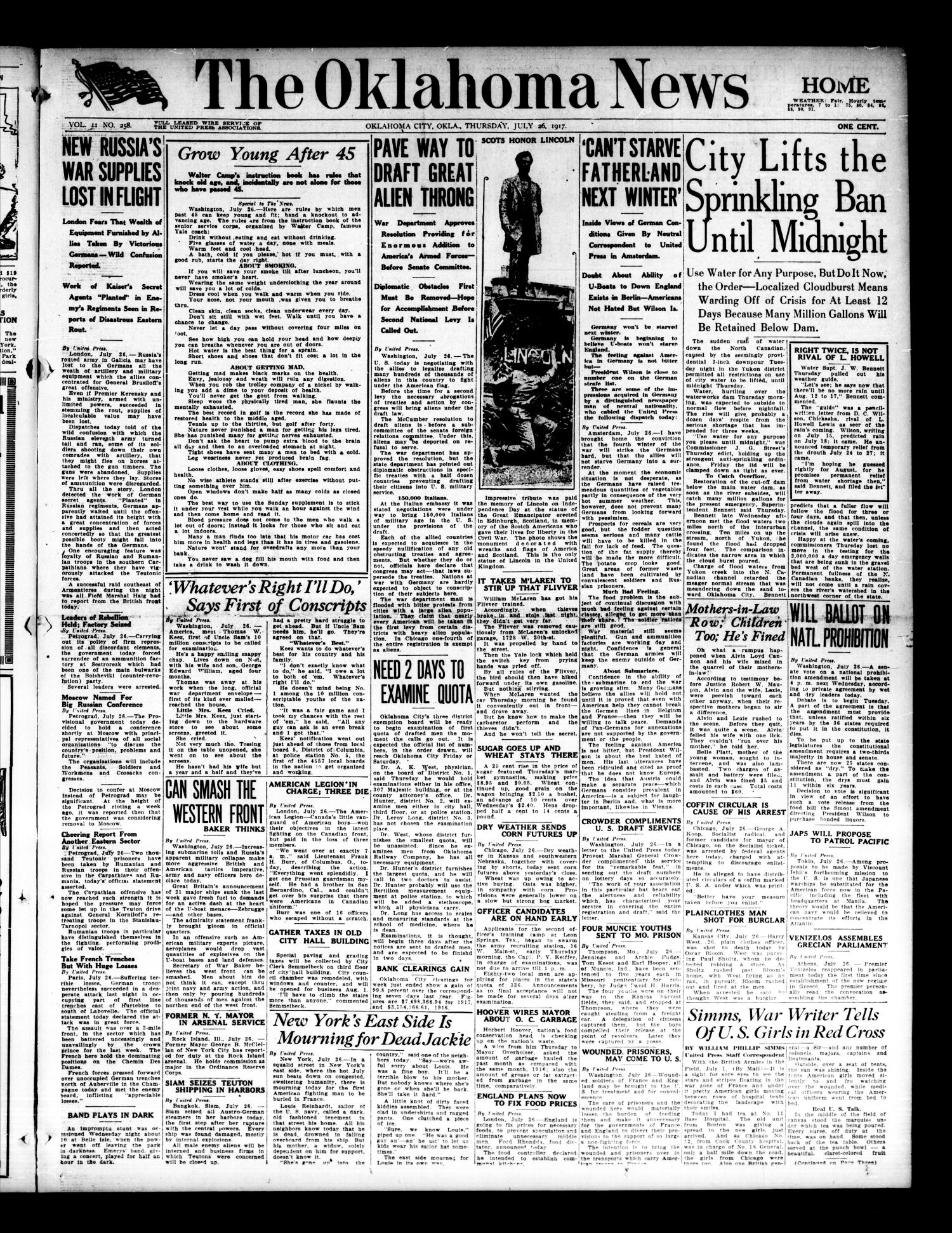 The Oklahoma News (Oklahoma City, Okla.), Vol. 11, No. 258, Ed. 1 Thursday, July 26, 1917
                                                
                                                    [Sequence #]: 1 of 8
                                                