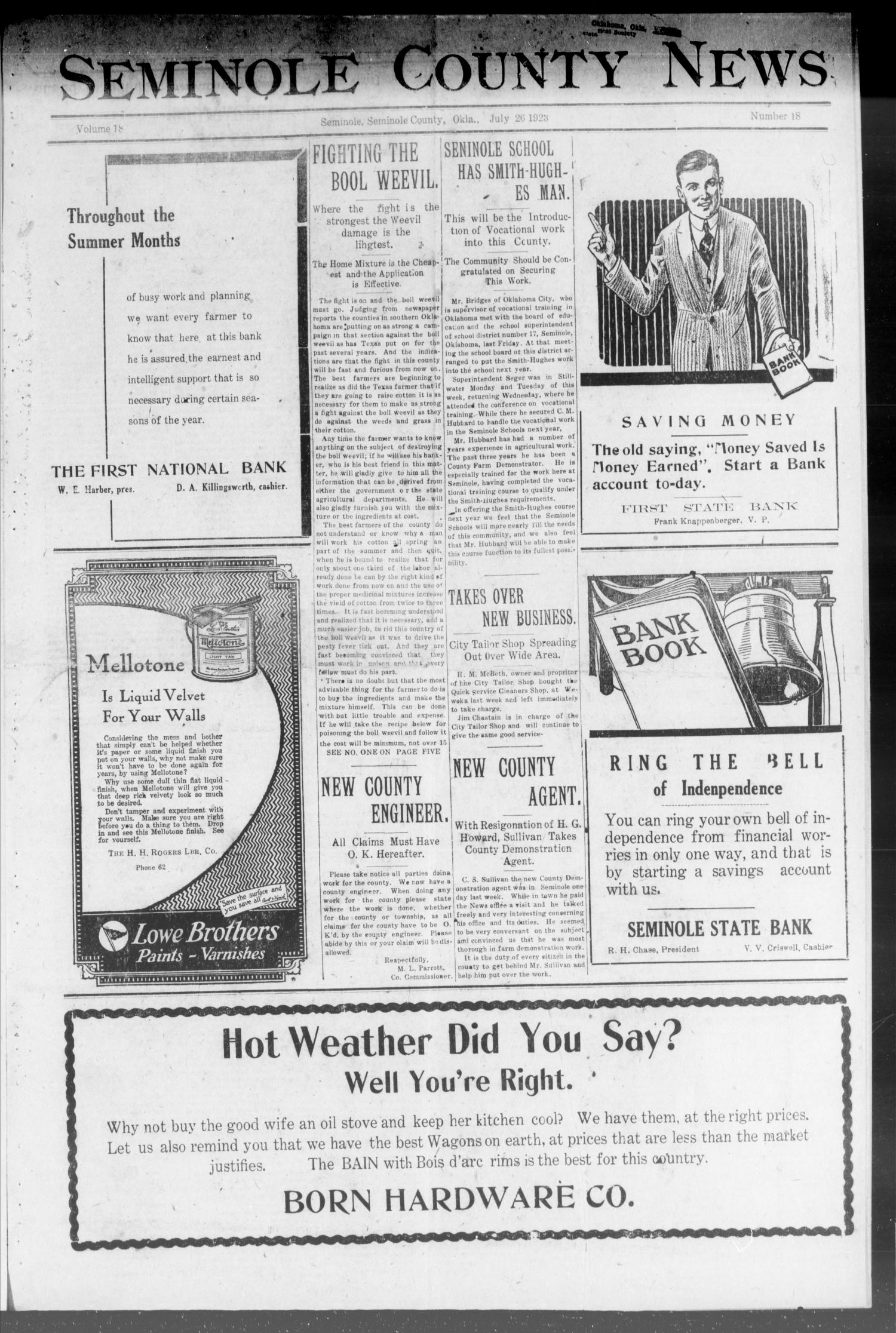Seminole County News (Seminole, Okla.), Vol. 18, No. 18, Ed. 1 Thursday, July 26, 1923
                                                
                                                    [Sequence #]: 1 of 8
                                                