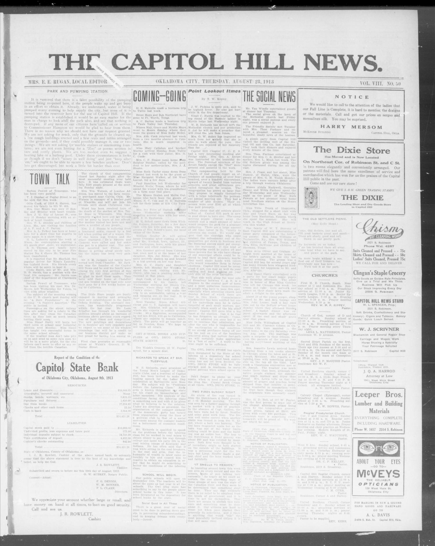The Capitol Hill News. (Oklahoma City, Okla.), Vol. 8, No. 50, Ed. 1 Thursday, August 28, 1913
                                                
                                                    [Sequence #]: 1 of 8
                                                