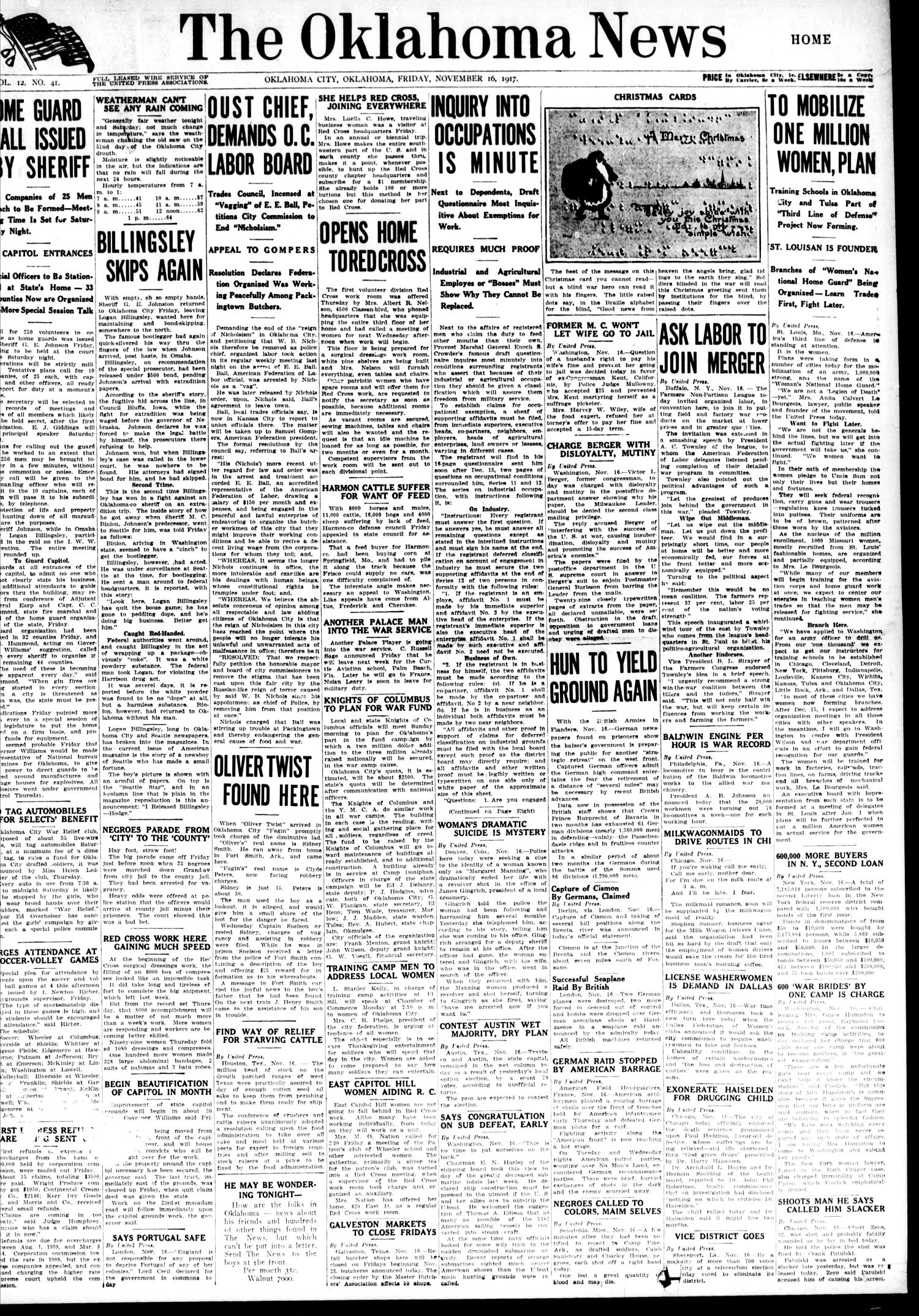 The Oklahoma News (Oklahoma City, Okla.), Vol. 12, No. 41, Ed. 1 Friday, November 16, 1917
                                                
                                                    [Sequence #]: 1 of 12
                                                