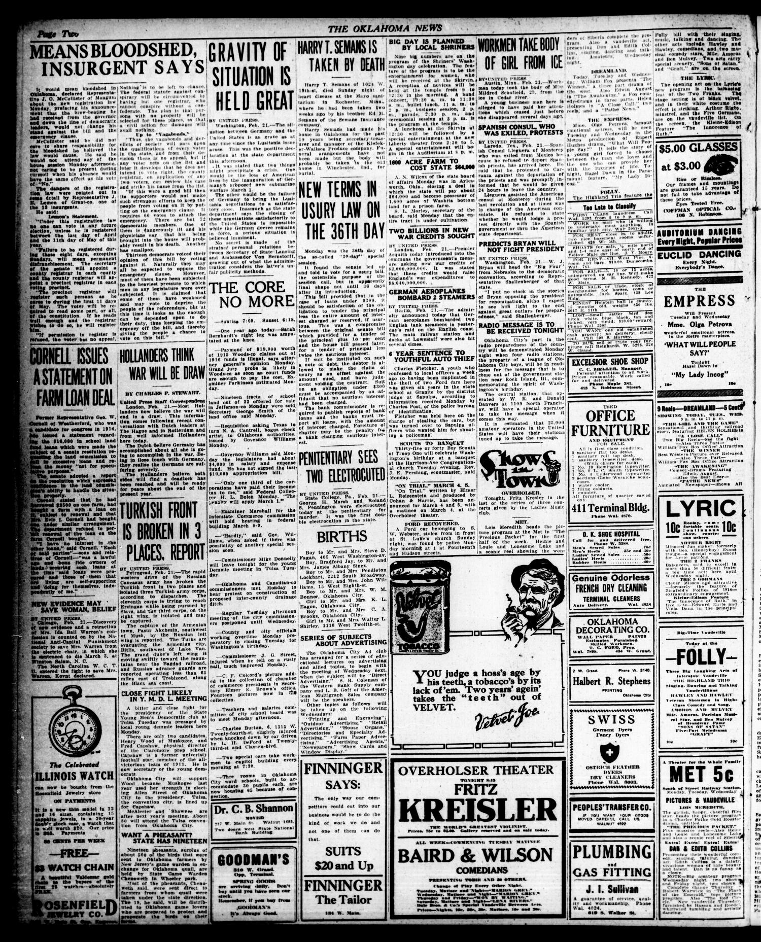 The Oklahoma News (Oklahoma City, Okla.), Vol. 10, No. 123, Ed. 1 Monday, February 21, 1916
                                                
                                                    [Sequence #]: 2 of 8
                                                