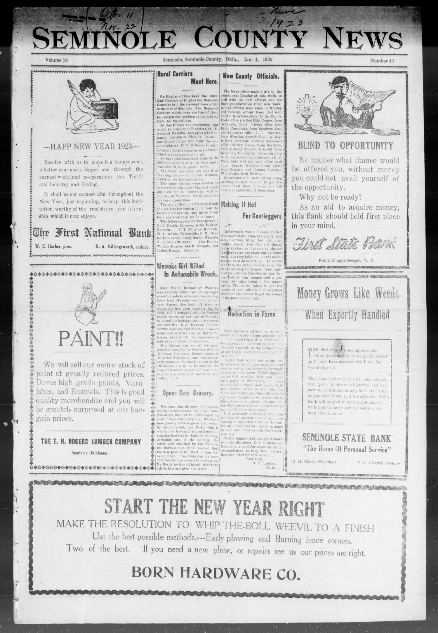 Seminole County News (Seminole, Okla.), Vol. 16, No. 42, Ed. 1 Thursday, January 4, 1923
                                                
                                                    [Sequence #]: 1 of 8
                                                