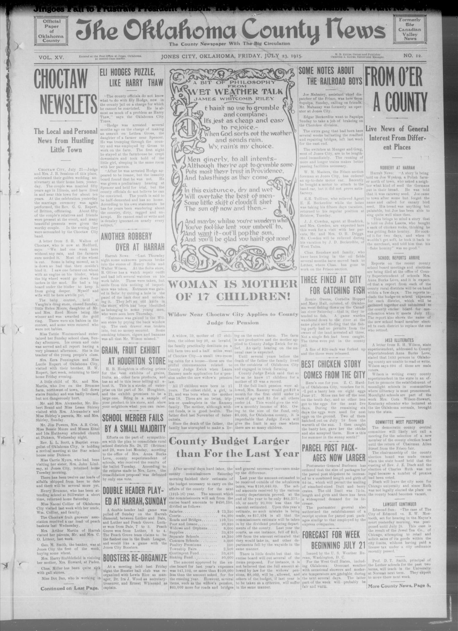 The Oklahoma County News (Jones City, Okla.), Vol. 15, No. 12, Ed. 1 Friday, July 23, 1915
                                                
                                                    [Sequence #]: 1 of 12
                                                