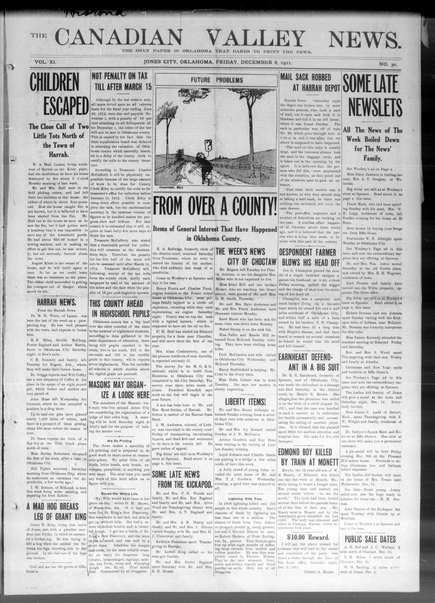 The Canadian Valley News. (Jones City, Okla.), Vol. 11, No. 30, Ed. 1 Friday, December 8, 1911
                                                
                                                    [Sequence #]: 1 of 4
                                                