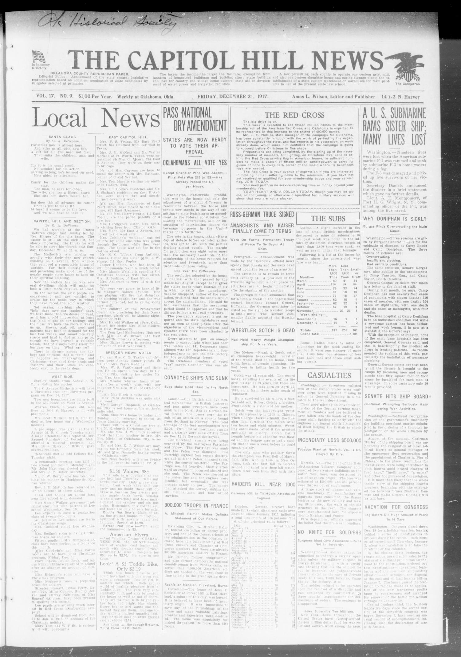 The Capitol Hill News (Oklahoma City, Okla.), Vol. 17, No. 9, Ed. 1 Friday, December 21, 1917
                                                
                                                    [Sequence #]: 1 of 8
                                                