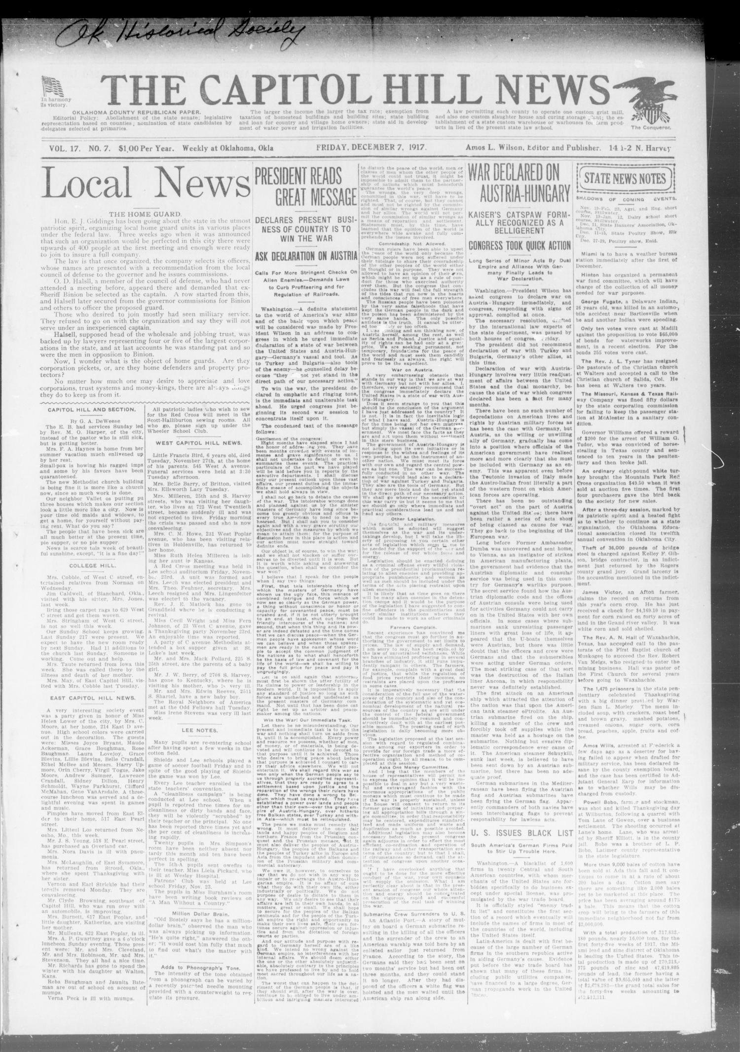 The Capitol Hill News (Oklahoma City, Okla.), Vol. 17, No. 7, Ed. 1 Friday, December 7, 1917
                                                
                                                    [Sequence #]: 1 of 8
                                                