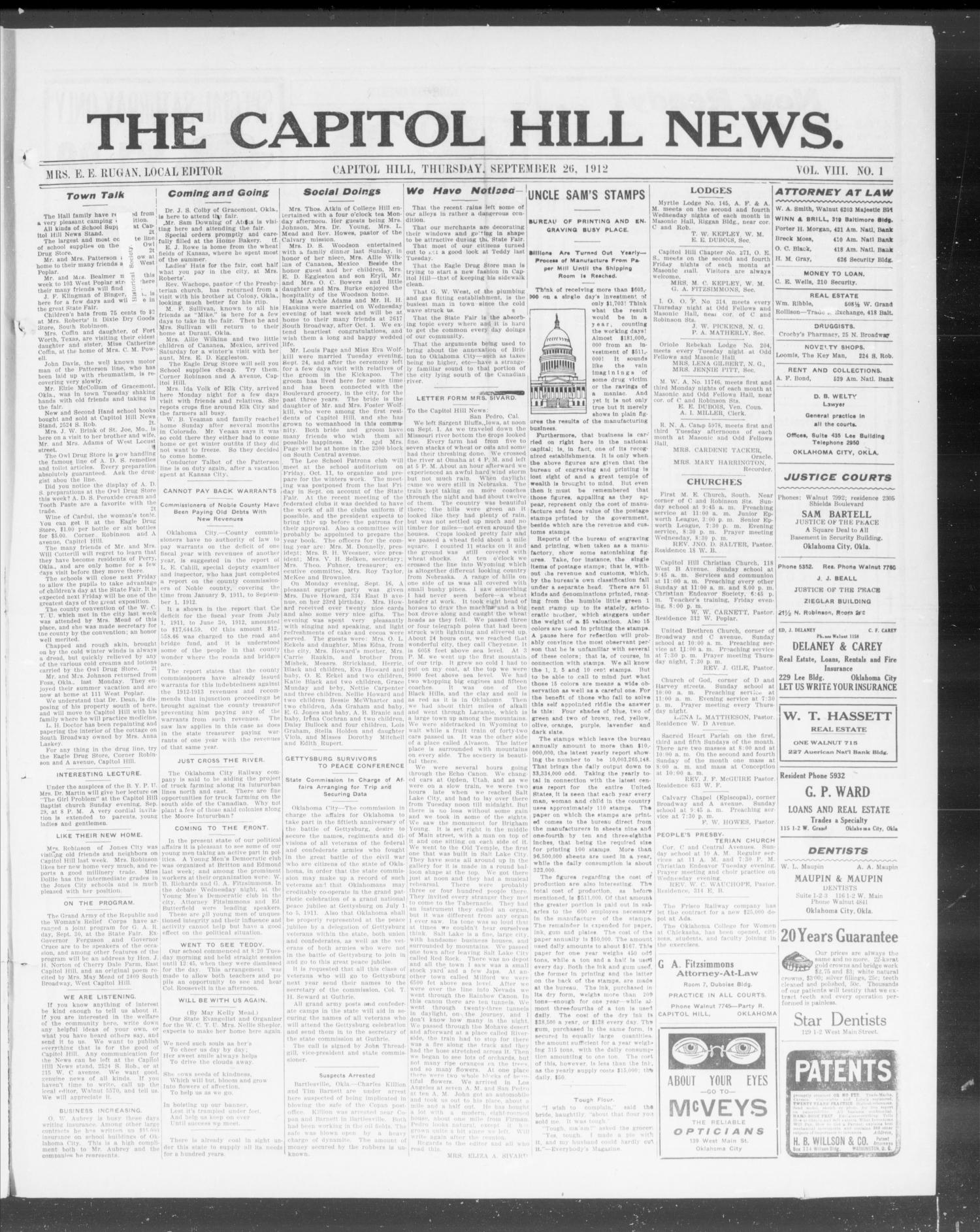 The Capitol Hill News. (Capitol Hill, Okla.), Vol. 8, No. 2, Ed. 1 Thursday, September 26, 1912
                                                
                                                    [Sequence #]: 1 of 8
                                                