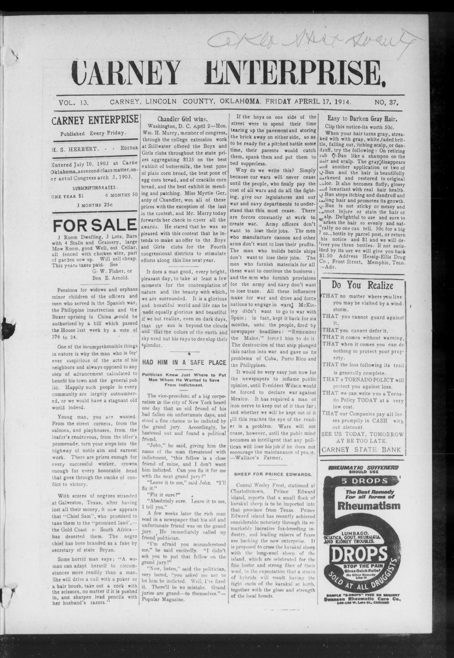 Carney Enterprise. (Carney, Okla.), Vol. 13, No. 37, Ed. 1 Friday, April 17, 1914
                                                
                                                    [Sequence #]: 1 of 8
                                                