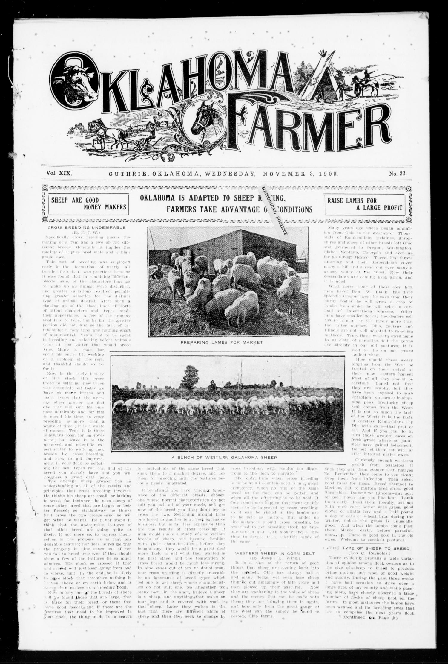 Oklahoma Farmer (Guthrie, Okla.), Vol. 18, No. 22, Ed. 1 Wednesday, November 3, 1909
                                                
                                                    [Sequence #]: 1 of 16
                                                