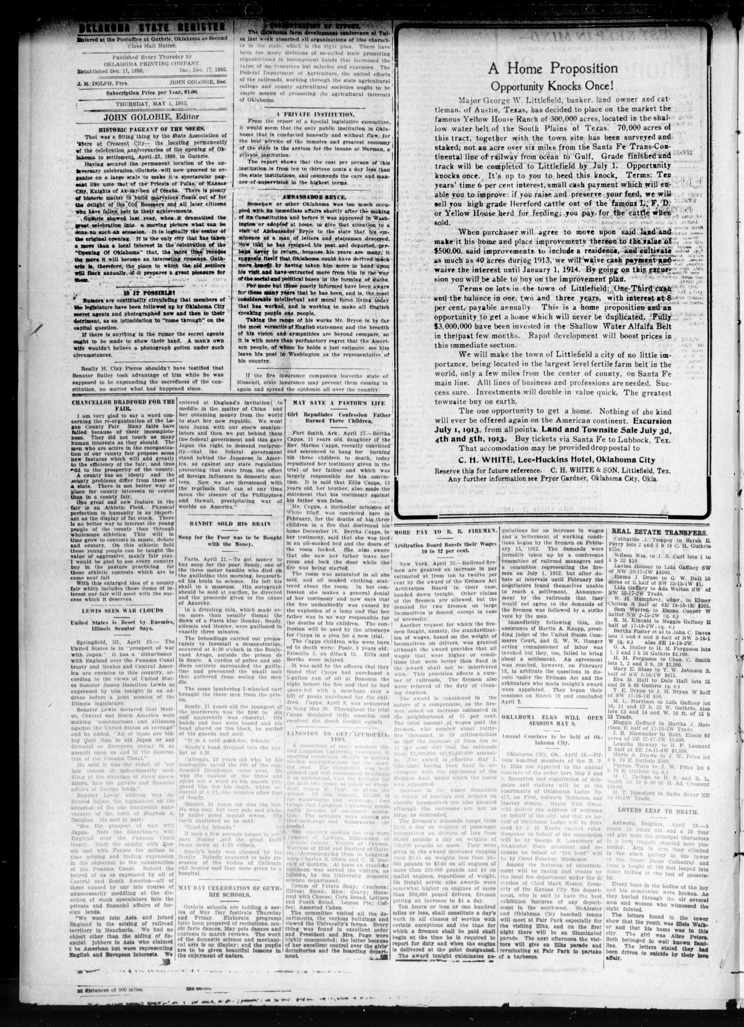 Oklahoma State Register. (Guthrie, Okla.), Vol. 21, No. 50, Ed. 1 Thursday, May 1, 1913
                                                
                                                    [Sequence #]: 4 of 8
                                                