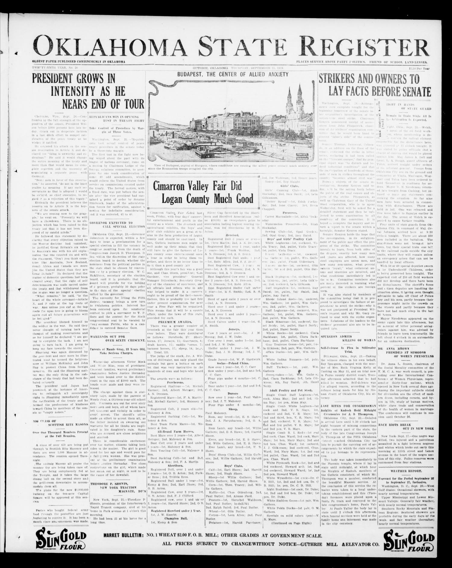 Oklahoma State Register (Guthrie, Okla.), Vol. 29, No. 22, Ed. 1 Thursday, September 25, 1919
                                                
                                                    [Sequence #]: 1 of 8
                                                