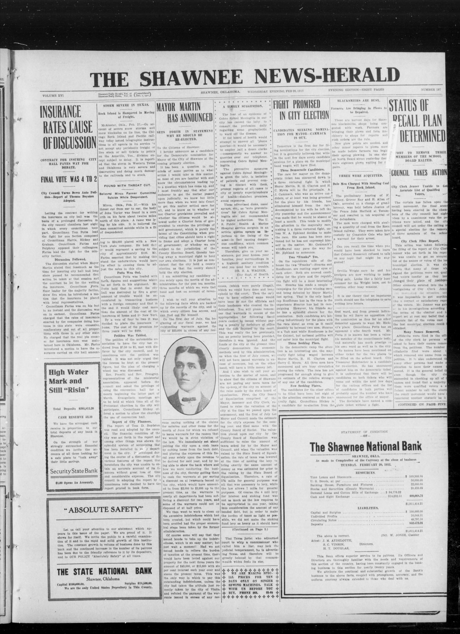 The Shawnee News-Herald (Shawnee, Okla.), Vol. 16, No. 187, Ed. 1 Wednesday, February 28, 1912
                                                
                                                    [Sequence #]: 1 of 8
                                                
