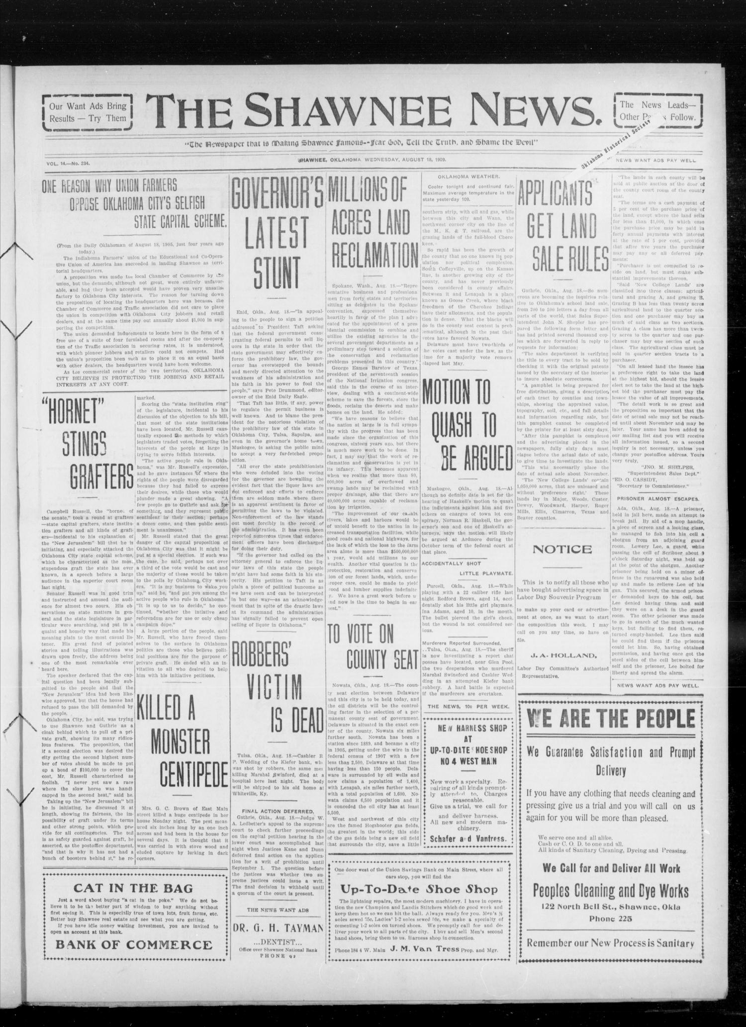 The Shawnee News. (Shawnee, Okla.), Vol. 14, No. 234, Ed. 1 Wednesday, August 18, 1909
                                                
                                                    [Sequence #]: 1 of 4
                                                