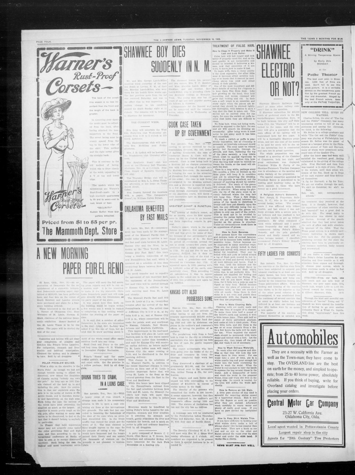 The Shawnee News. (Shawnee, Okla.), Vol. 14, No. 257, Ed. 1 Tuesday, November 16, 1909
                                                
                                                    [Sequence #]: 4 of 8
                                                