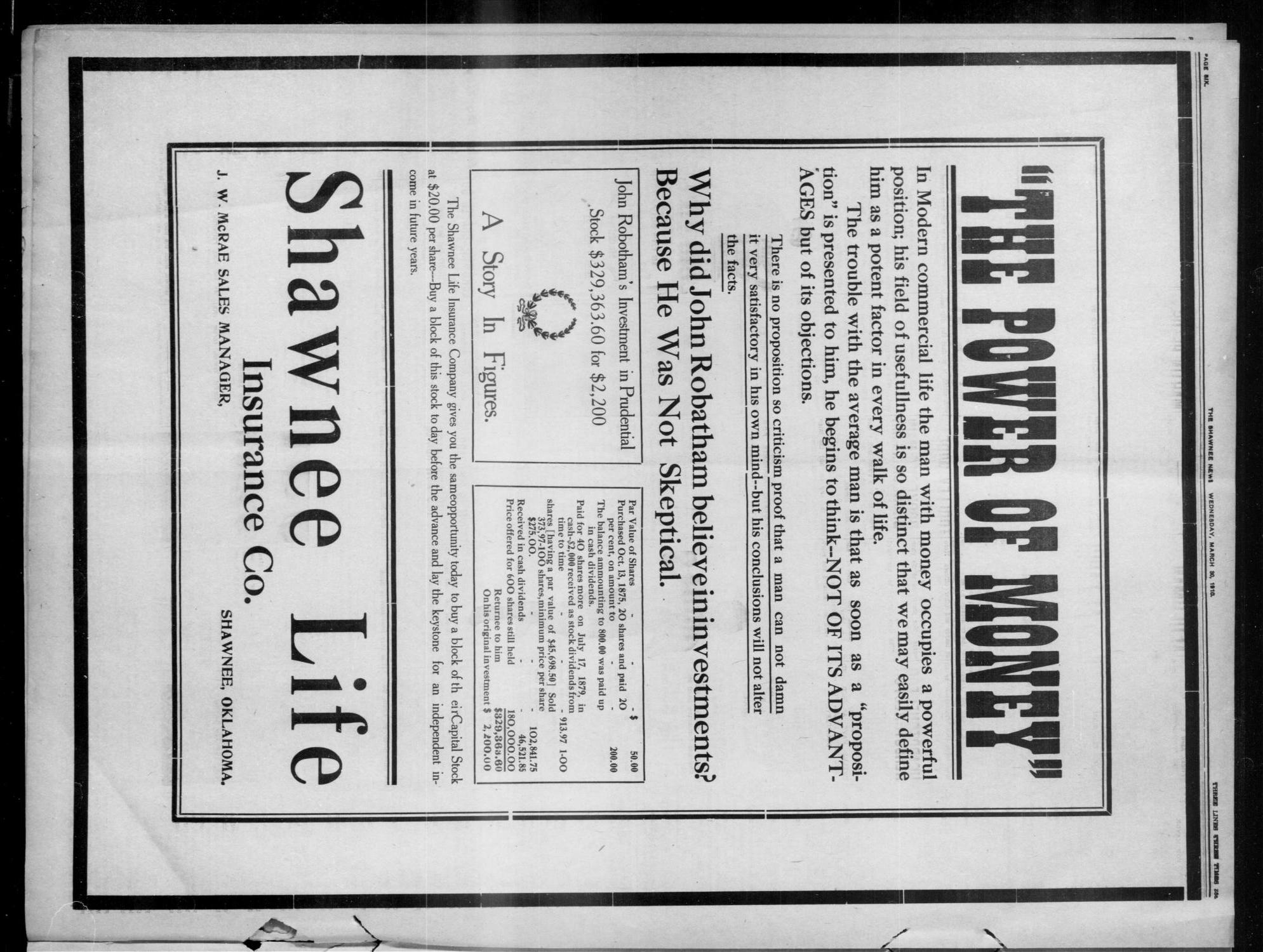 The Shawnee News. (Shawnee, Okla.), Vol. 14, No. 260, Ed. 1 Wednesday, March 30, 1910
                                                
                                                    [Sequence #]: 6 of 8
                                                
