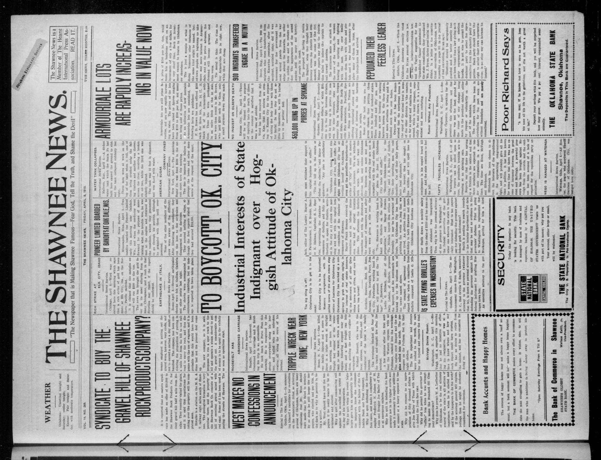 The Shawnee News. (Shawnee, Okla.), Vol. 14, No. 269, Ed. 1 Friday, April 8, 1910
                                                
                                                    [Sequence #]: 1 of 8
                                                