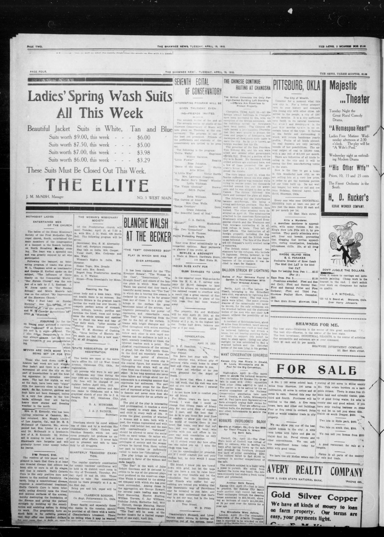 The Shawnee News. (Shawnee, Okla.), Vol. 14, No. 278, Ed. 1 Tuesday, April 19, 1910
                                                
                                                    [Sequence #]: 4 of 8
                                                