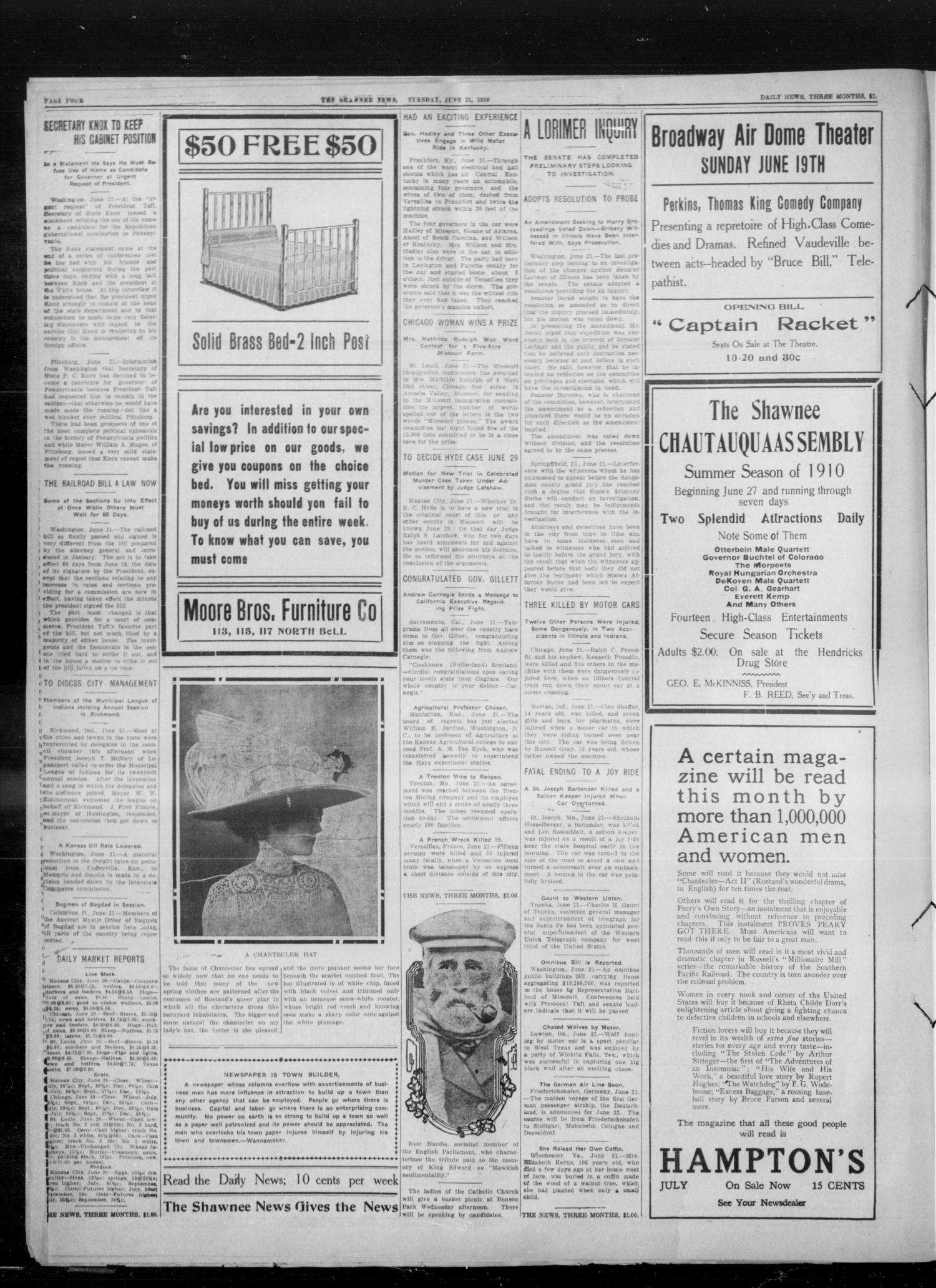 The Shawnee News. (Shawnee, Okla.), Vol. 14, No. 332, Ed. 1 Tuesday, June 21, 1910
                                                
                                                    [Sequence #]: 4 of 8
                                                