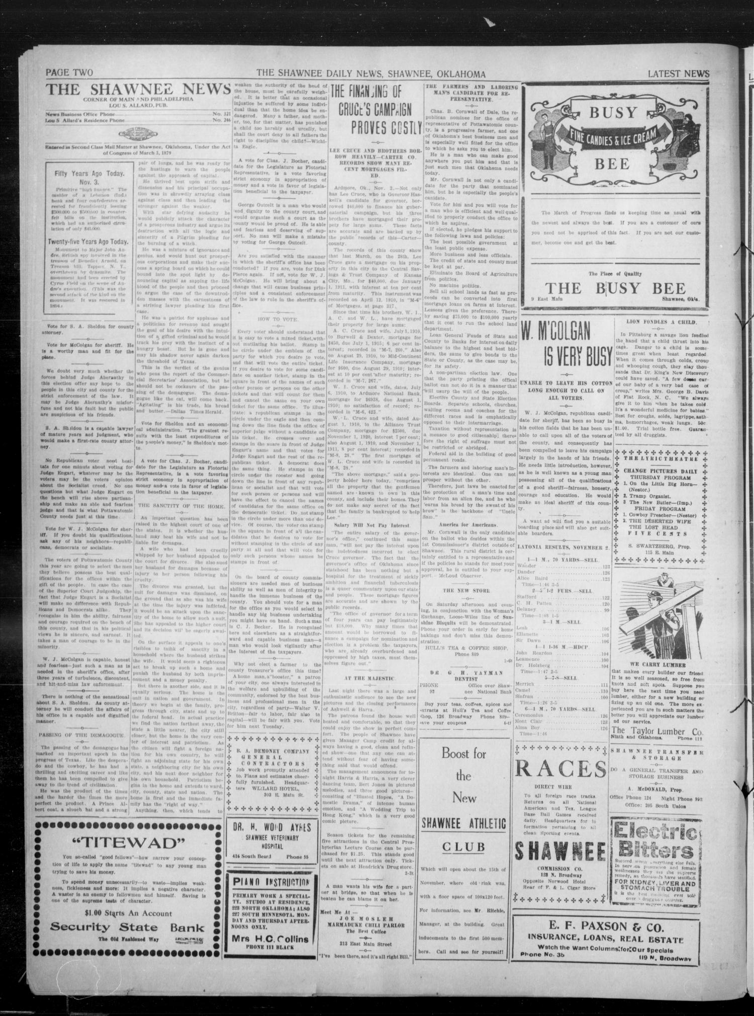 The Shawnee News (Shawnee, Okla.), Vol. 15, No. 160, Ed. 1 Thursday, November 3, 1910
                                                
                                                    [Sequence #]: 2 of 4
                                                