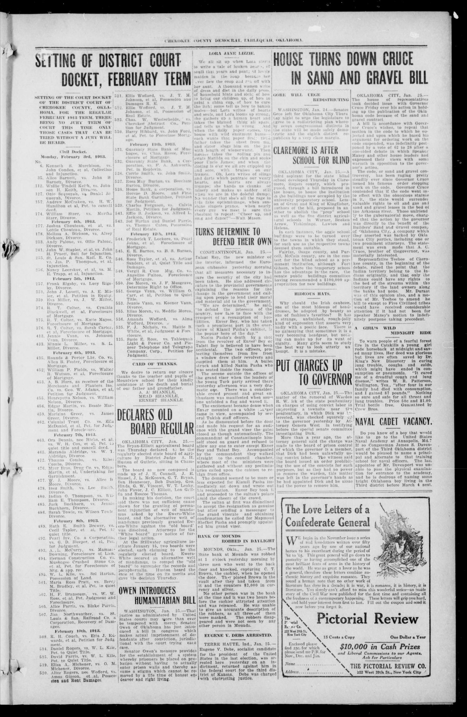 Cherokee County Democrat (Tahlequah, Okla.), Vol. 26, No. 20, Ed. 1 Thursday, January 30, 1913
                                                
                                                    [Sequence #]: 3 of 8
                                                