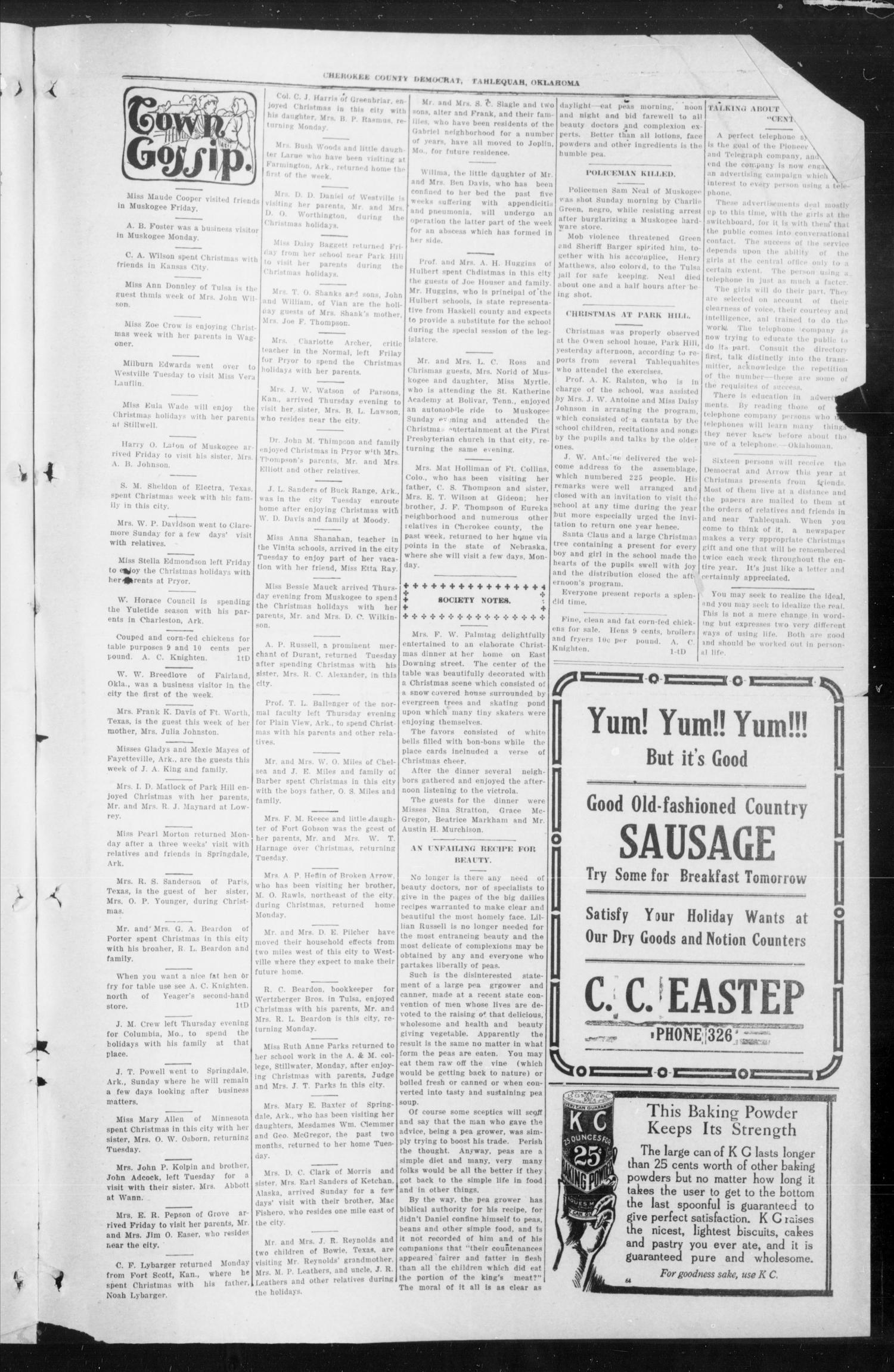 Cherokee County Democrat (Tahlequah, Okla.), Vol. 30, No. 16, Ed. 1 Wednesday, December 29, 1915
                                                
                                                    [Sequence #]: 3 of 4
                                                