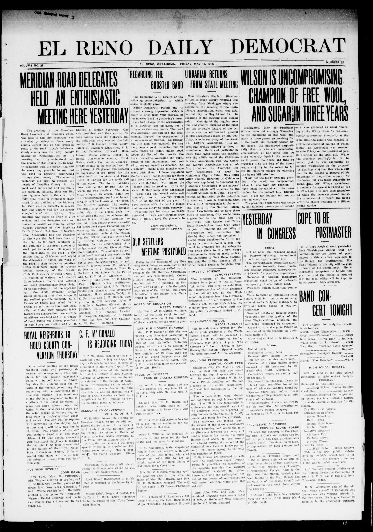 El Reno Daily Democrat (El Reno, Okla.), Vol. 23, No. 21, Ed. 1 Friday, May 16, 1913
                                                
                                                    [Sequence #]: 1 of 4
                                                