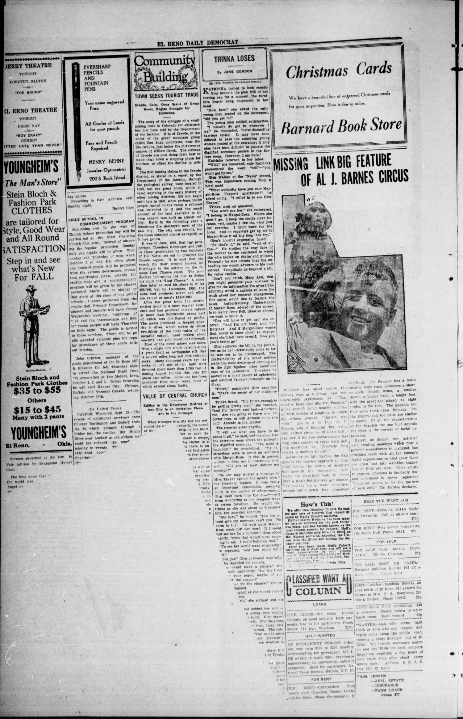 The El Reno Daily Democrat (El Reno, Okla.), Vol. 33, No. 20, Ed. 1 Friday, September 28, 1923
                                                
                                                    [Sequence #]: 4 of 4
                                                