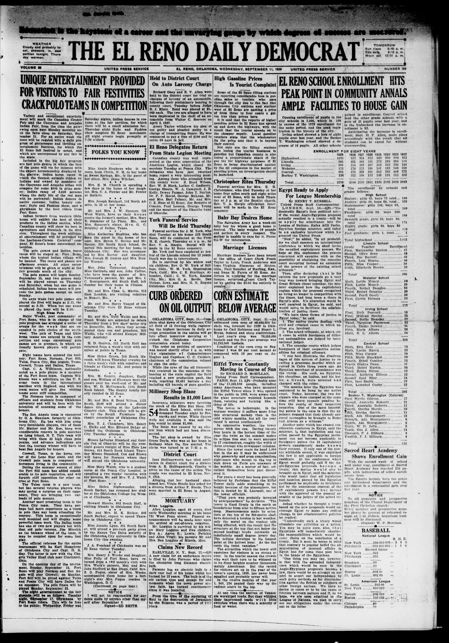 The El Reno Daily Democrat (El Reno, Okla.), Vol. 38, No. 189, Ed. 1 Wednesday, September 11, 1929
                                                
                                                    [Sequence #]: 1 of 4
                                                