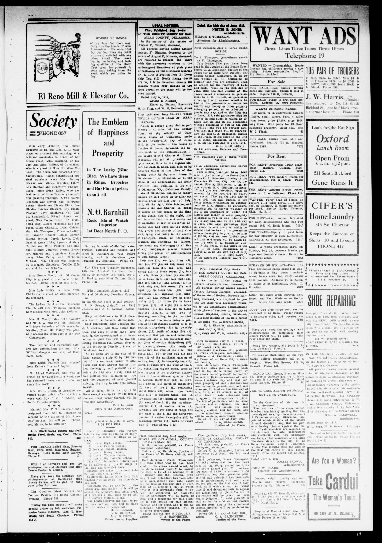 El Reno Daily Democrat (El Reno, Okla.), Vol. 23, No. 73, Ed. 1 Wednesday, July 23, 1913
                                                
                                                    [Sequence #]: 3 of 4
                                                