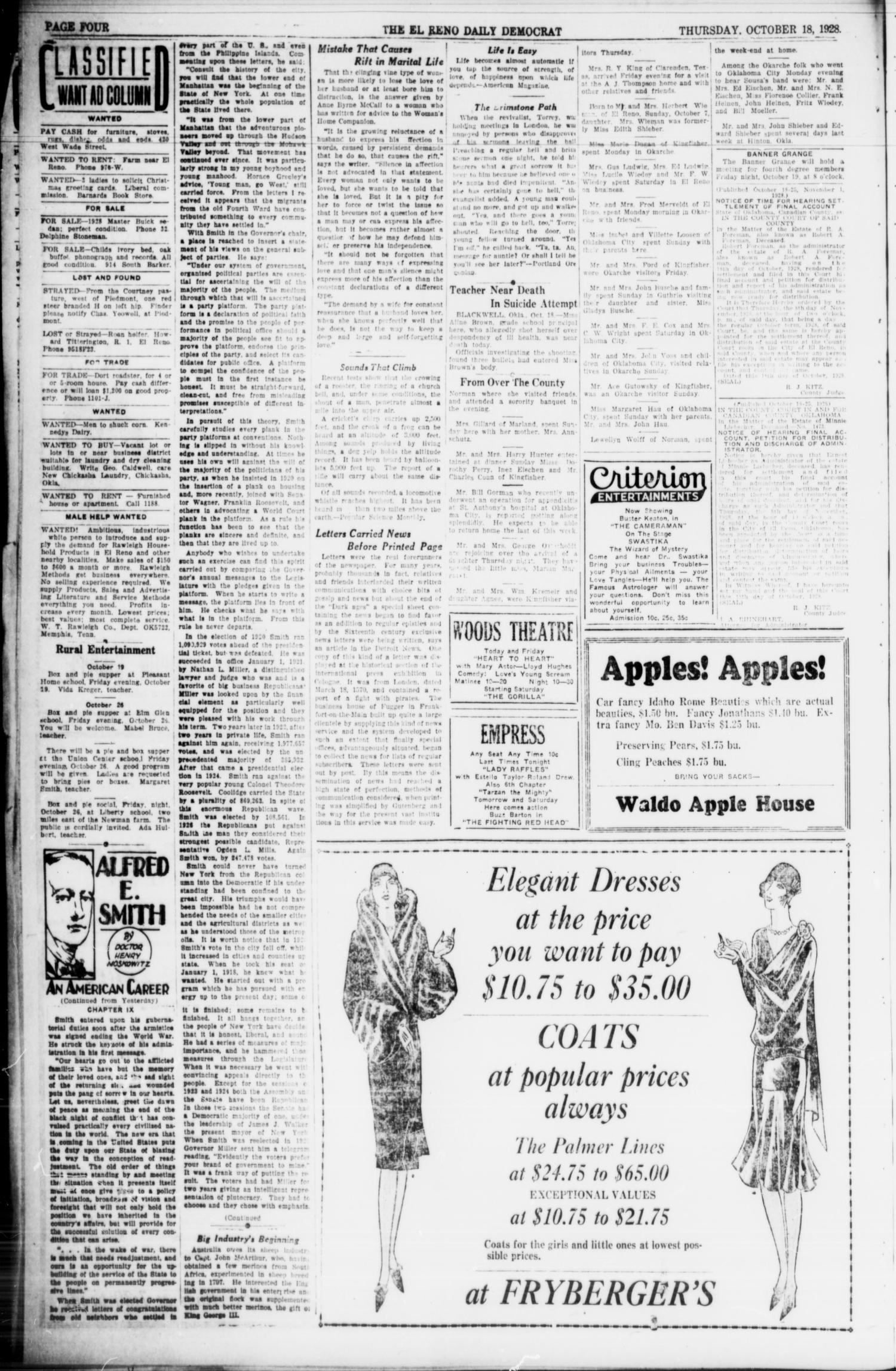 The El Reno Daily Democrat (El Reno, Okla.), Vol. 37, No. 224, Ed. 1 Thursday, October 18, 1928
                                                
                                                    [Sequence #]: 4 of 4
                                                