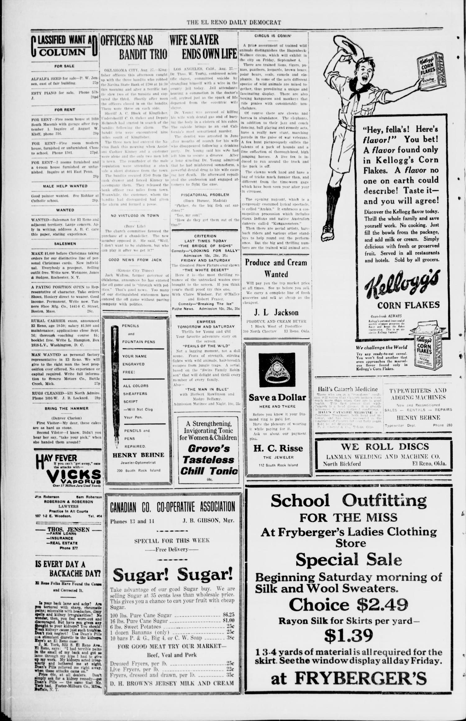 The El Reno Daily Democrat (El Reno, Okla.), Vol. 34, No. 196, Ed. 1 Thursday, August 27, 1925
                                                
                                                    [Sequence #]: 4 of 4
                                                