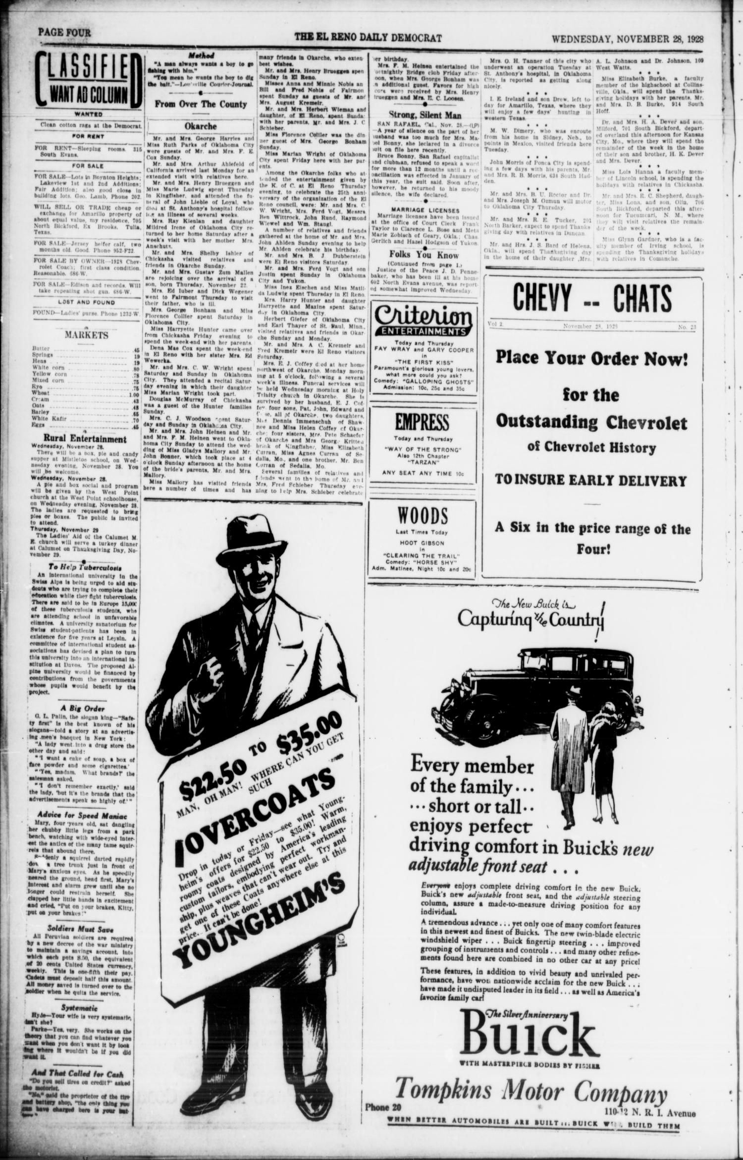 The El Reno Daily Democrat (El Reno, Okla.), Vol. 37, No. 259, Ed. 1 Wednesday, November 28, 1928
                                                
                                                    [Sequence #]: 4 of 4
                                                