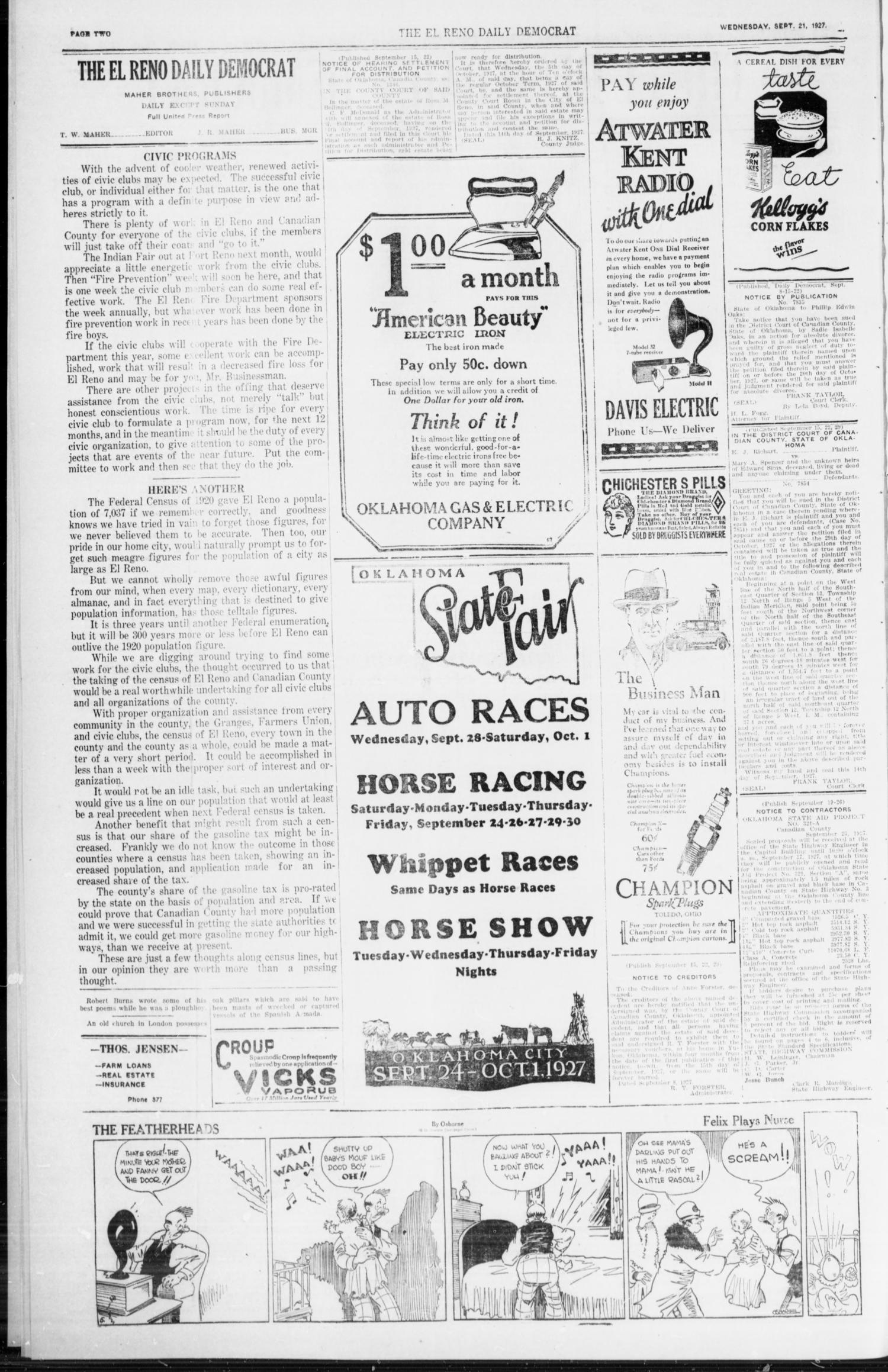 The El Reno Daily Democrat (El Reno, Okla.), Vol. 36, No. 203, Ed. 1 Wednesday, September 21, 1927
                                                
                                                    [Sequence #]: 2 of 4
                                                