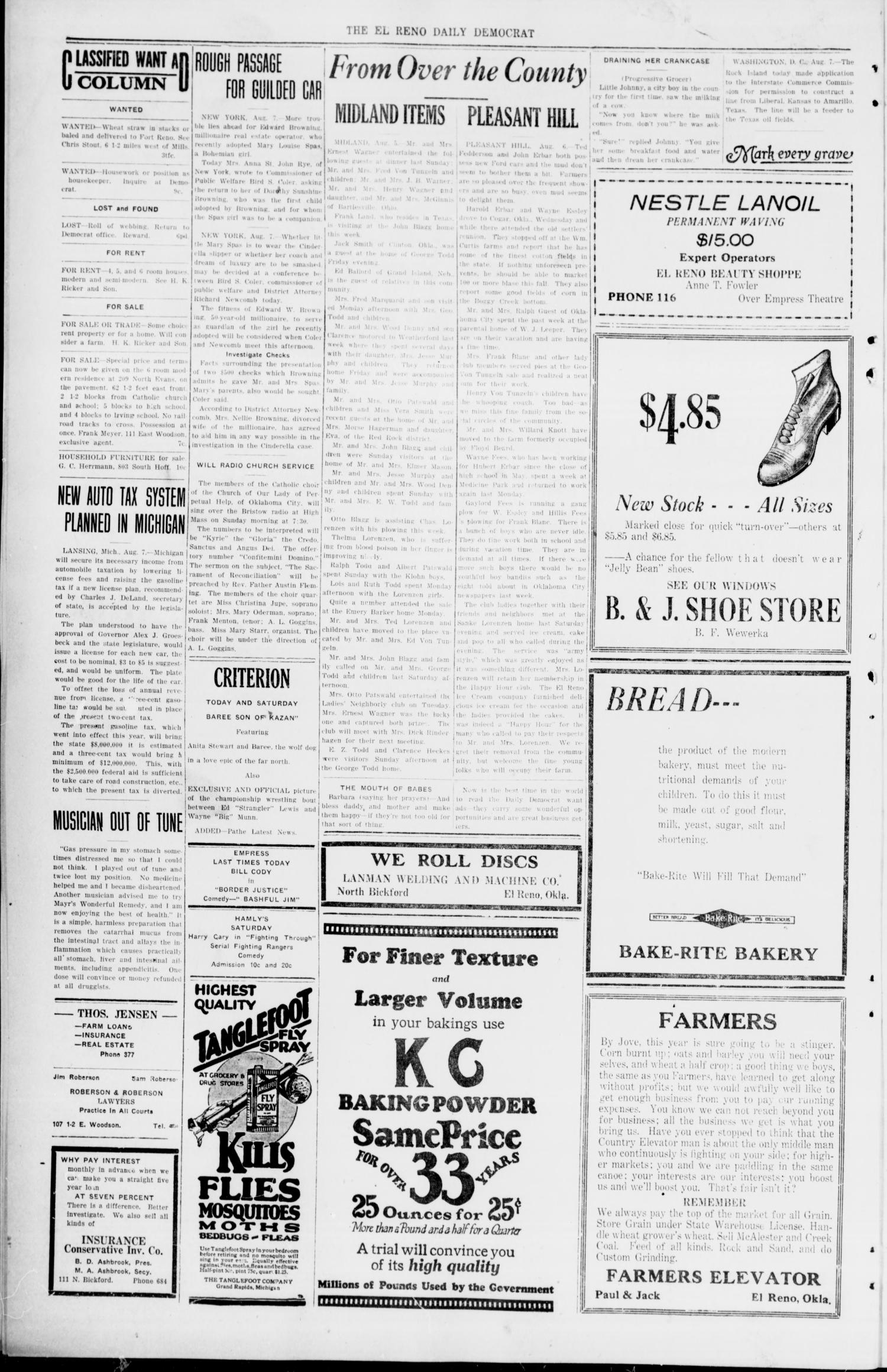 The El Reno Daily Democrat (El Reno, Okla.), Vol. 34, No. 179, Ed. 1 Friday, August 7, 1925
                                                
                                                    [Sequence #]: 4 of 4
                                                