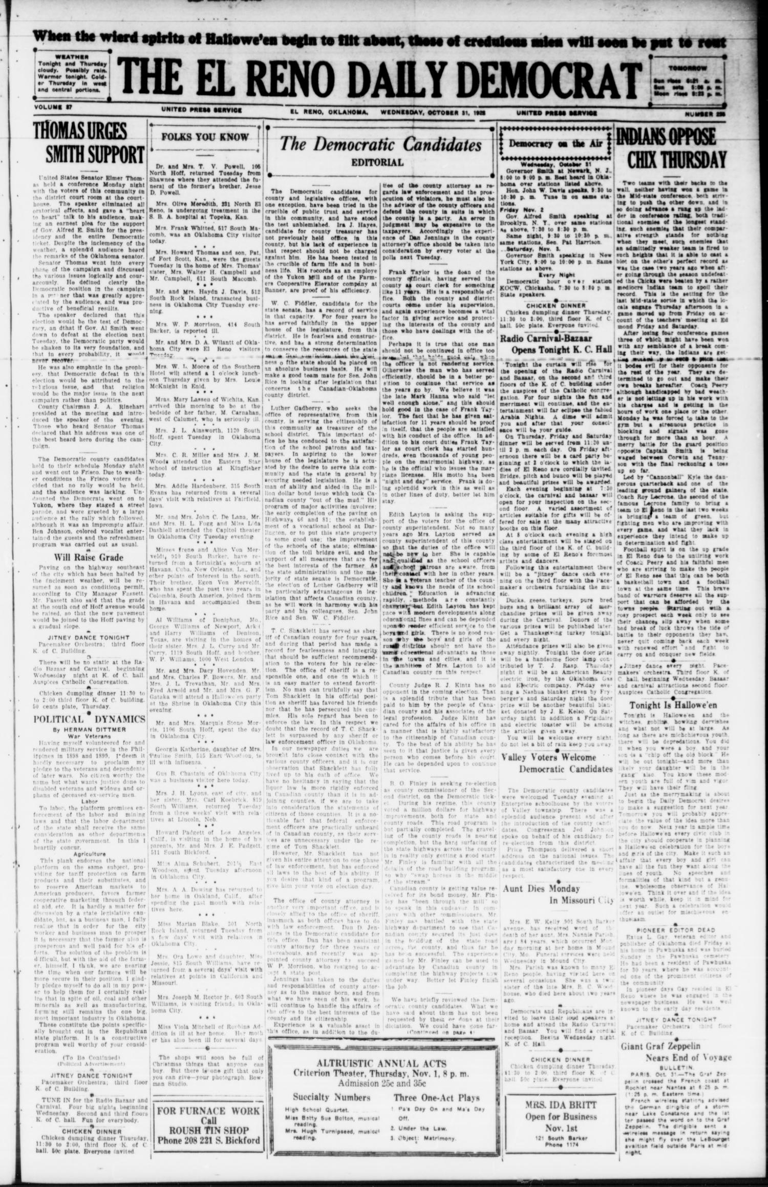 The El Reno Daily Democrat (El Reno, Okla.), Vol. 37, No. 235, Ed. 1 Wednesday, October 31, 1928
                                                
                                                    [Sequence #]: 1 of 4
                                                