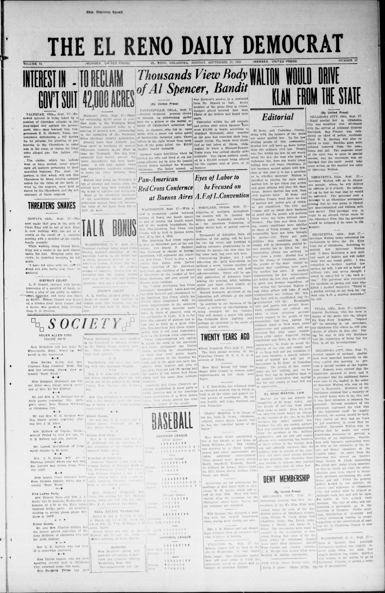 The El Reno Daily Democrat (El Reno, Okla.), Vol. 33, No. 10, Ed. 1 Monday, September 17, 1923
                                                
                                                    [Sequence #]: 1 of 4
                                                