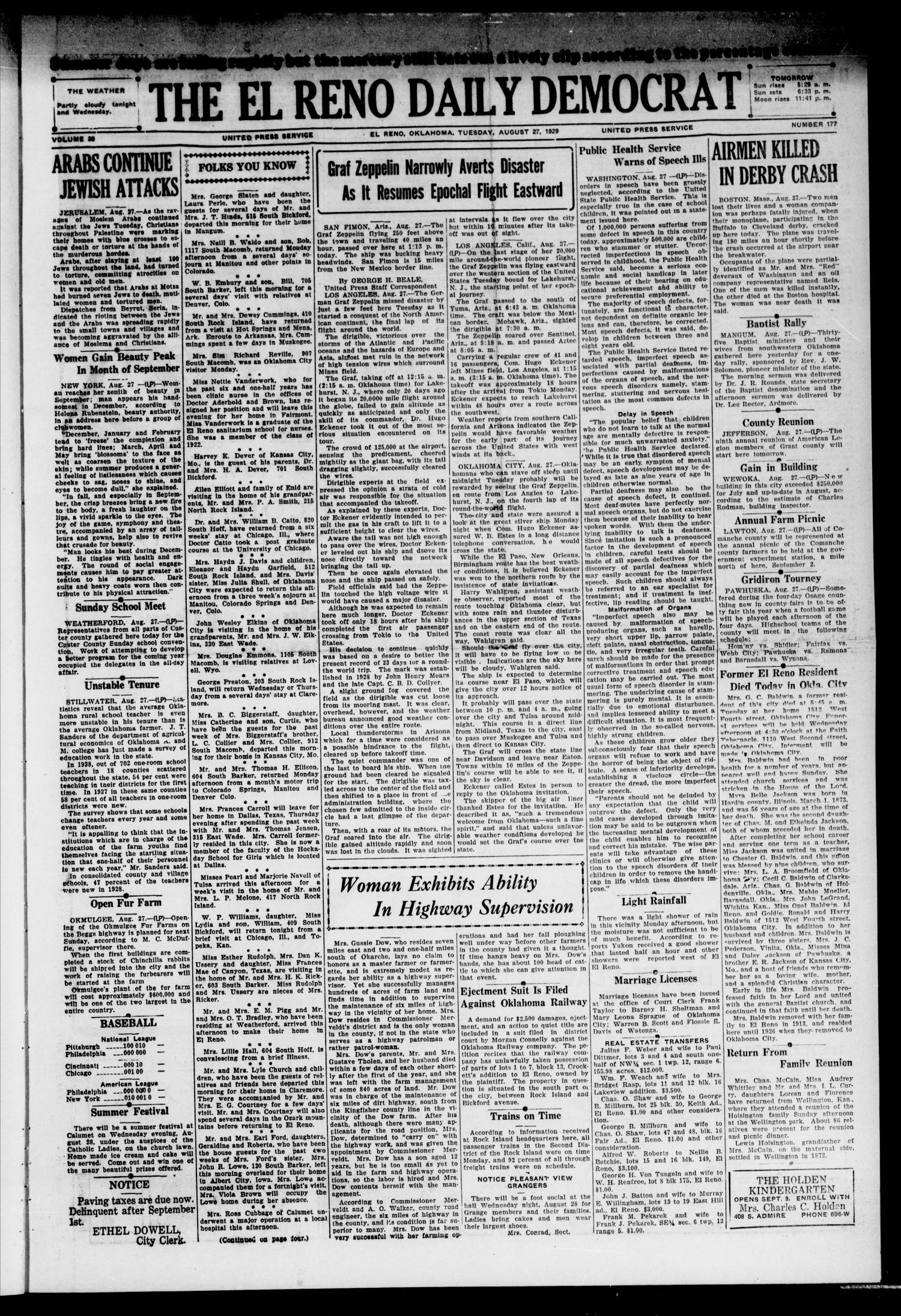 The El Reno Daily Democrat (El Reno, Okla.), Vol. 38, No. 177, Ed. 1 Tuesday, August 27, 1929
                                                
                                                    [Sequence #]: 1 of 4
                                                