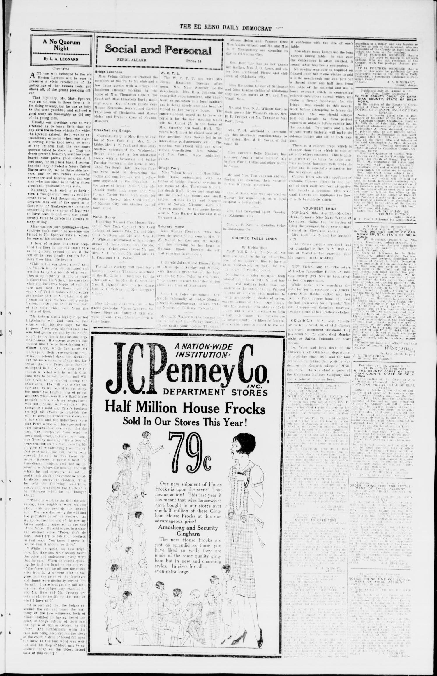 The El Reno Daily Democrat (El Reno, Okla.), Vol. 34, No. 183, Ed. 1 Wednesday, August 12, 1925
                                                
                                                    [Sequence #]: 3 of 4
                                                