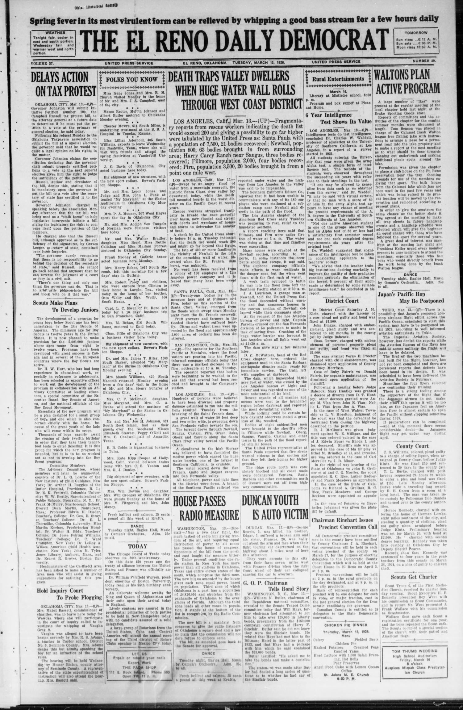 The El Reno Daily Democrat (El Reno, Okla.), Vol. 37, No. 39, Ed. 1 Tuesday, March 13, 1928
                                                
                                                    [Sequence #]: 1 of 4
                                                