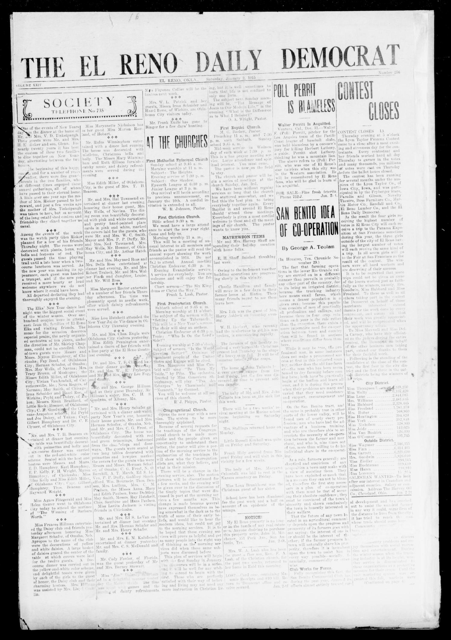 The El Reno Daily Democrat (El Reno, Okla.), Vol. 24, No. 256, Ed. 1 Saturday, January 2, 1915
                                                
                                                    [Sequence #]: 1 of 4
                                                