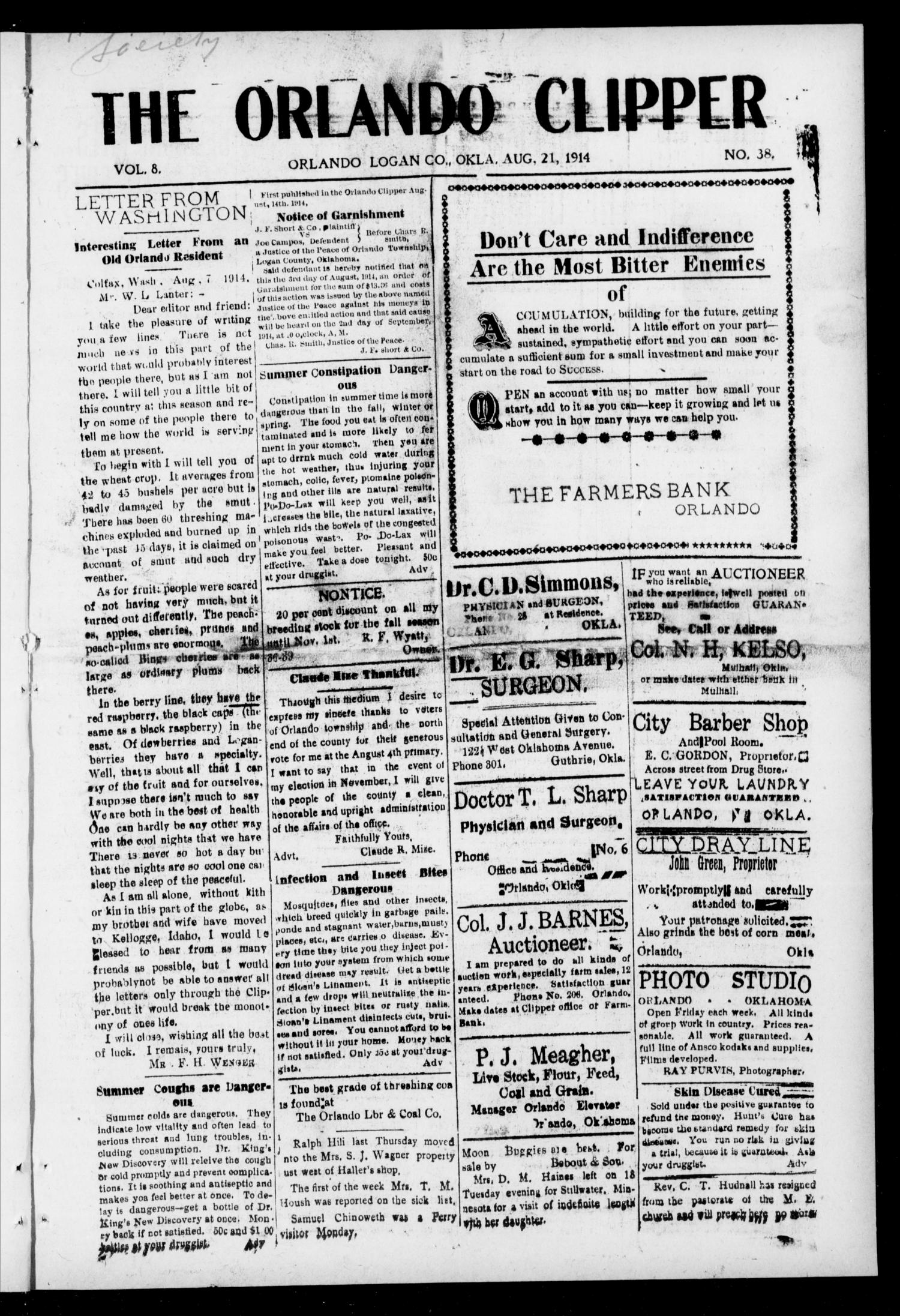 The Orlando Clipper (Orlando, Okla.), Vol. 8, No. 38, Ed. 1 Friday, August 21, 1914
                                                
                                                    [Sequence #]: 1 of 8
                                                