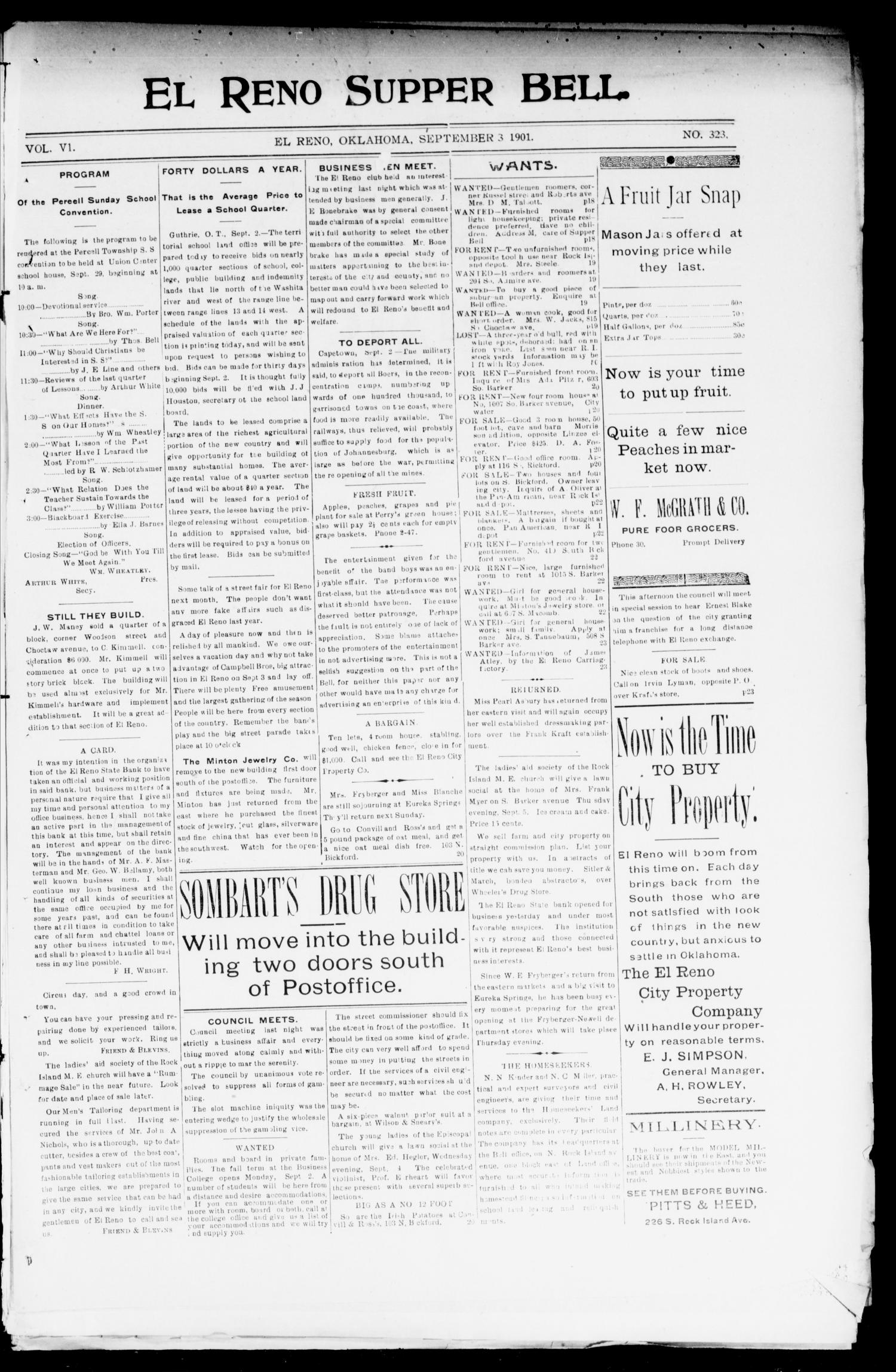 El Reno Supper Bell. (El Reno, Okla.), Vol. 6, No. 323, Ed. 1 Tuesday, September 3, 1901
                                                
                                                    [Sequence #]: 1 of 4
                                                