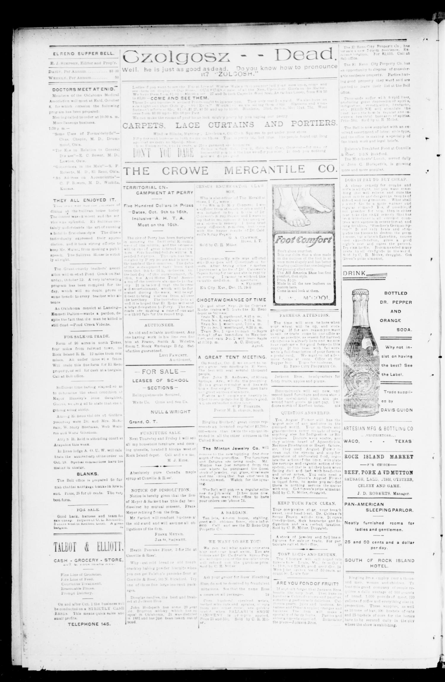 El Reno Supper Bell. (El Reno, Okla.), Vol. 6, No. 348, Ed. 1 Thursday, October 3, 1901
                                                
                                                    [Sequence #]: 2 of 4
                                                