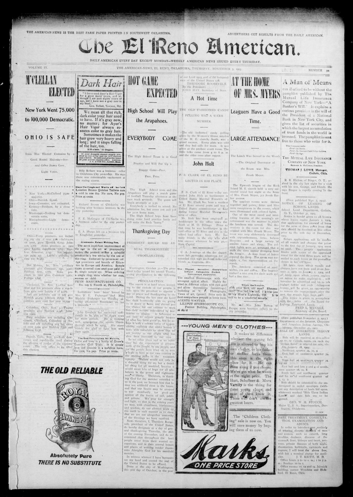The American--News. (El Reno, Okla.), Vol. 9, No. 32, Ed. 1 Thursday, November 5, 1903
                                                
                                                    [Sequence #]: 1 of 8
                                                