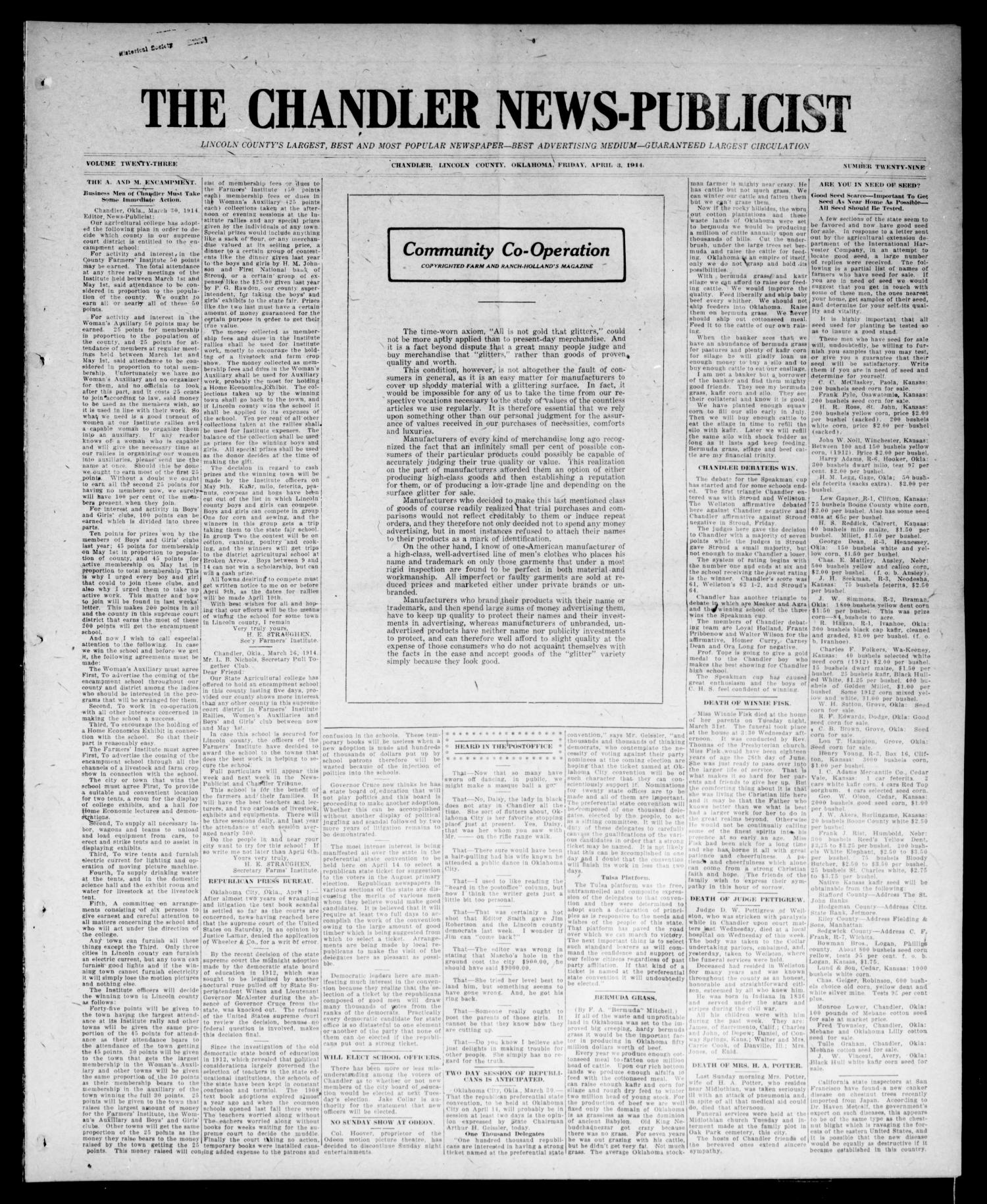 The Chandler News-Publicist (Chandler, Okla.), Vol. 23, No. 29, Ed. 1 Friday, April 3, 1914
                                                
                                                    [Sequence #]: 1 of 8
                                                