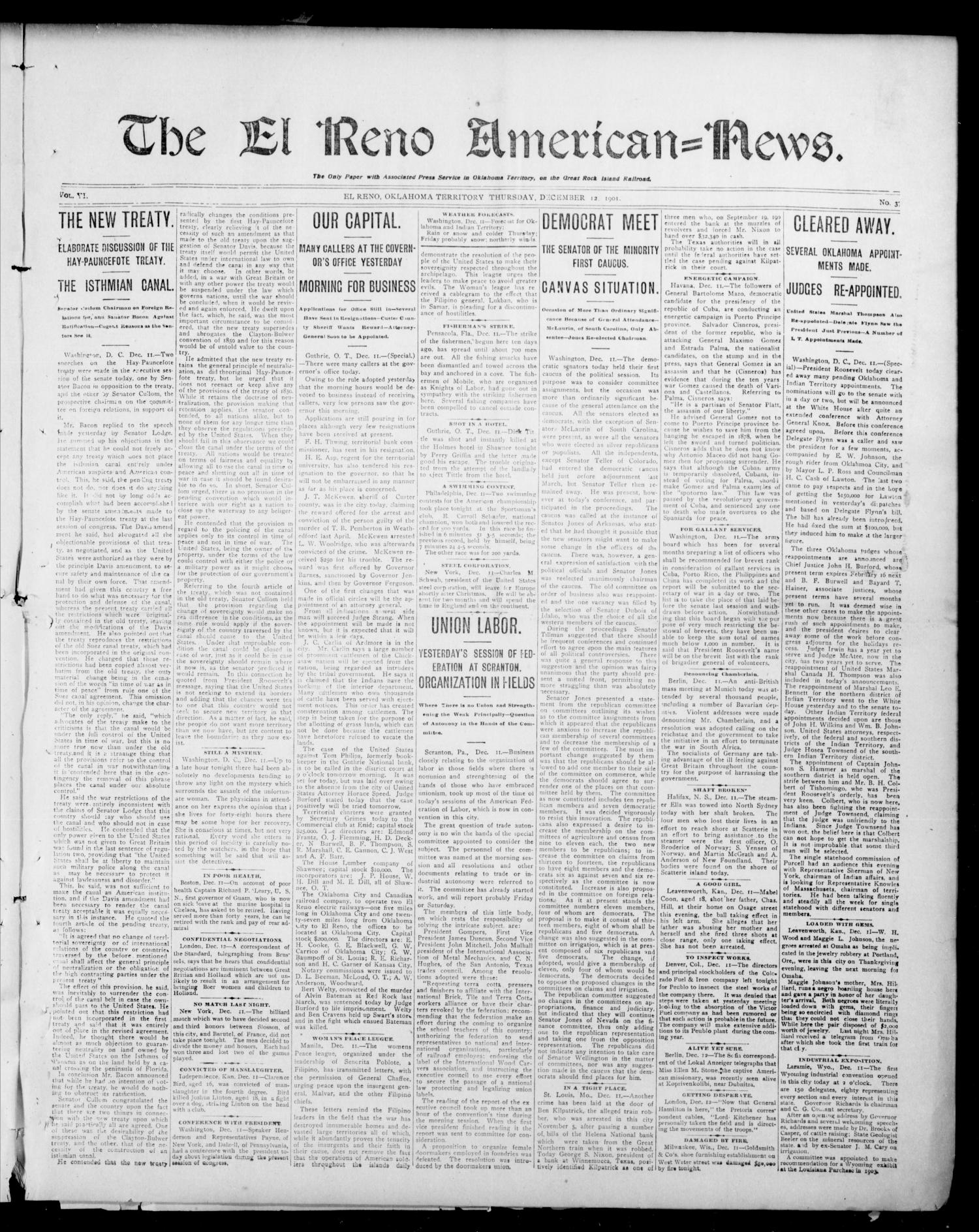 The El Reno American--News. (El Reno, Okla. Terr.), Vol. 6, No. 37, Ed. 1 Thursday, December 12, 1901
                                                
                                                    [Sequence #]: 1 of 8
                                                