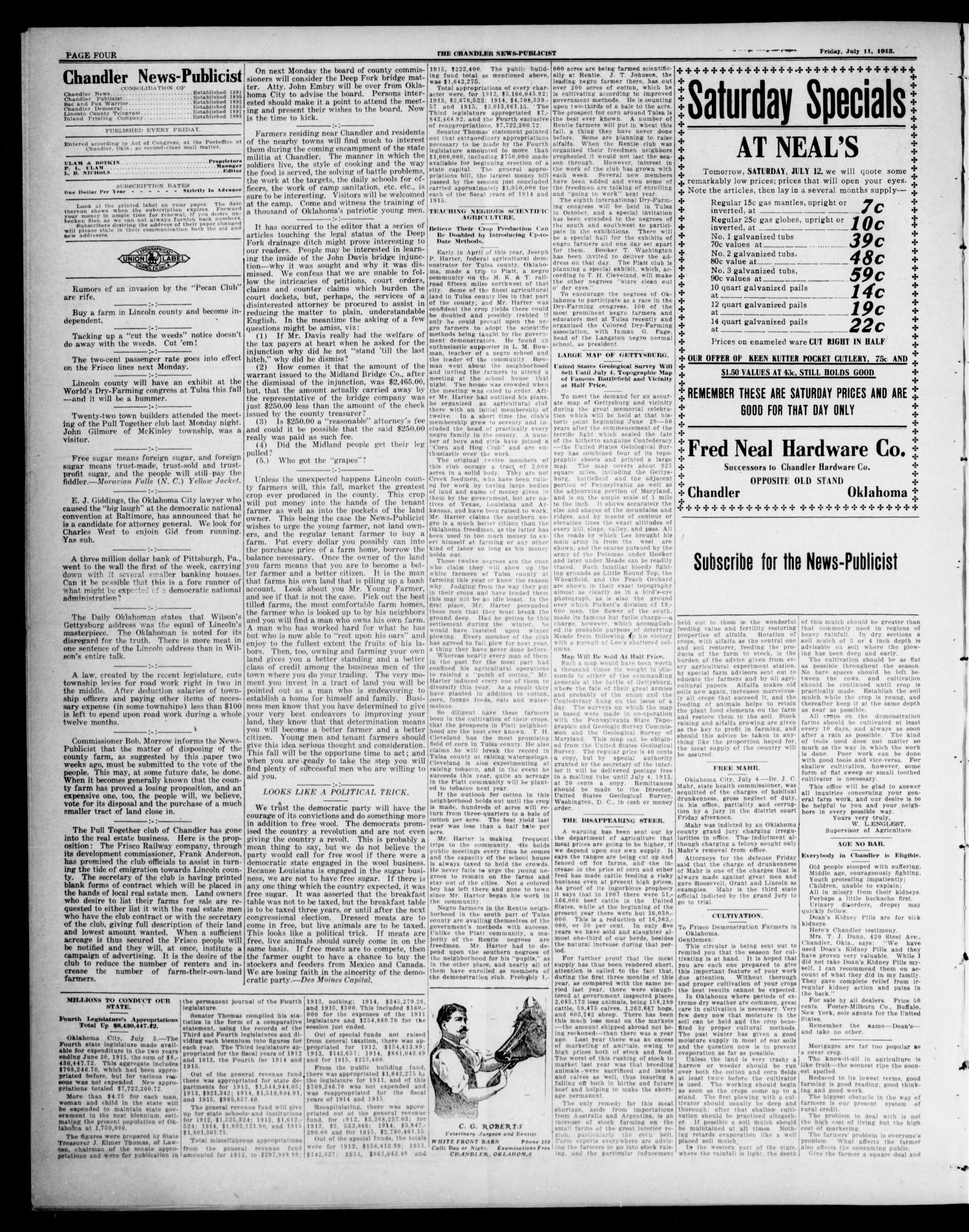 The Chandler News-Publicist (Chandler, Okla.), Vol. 22, No. 43, Ed. 1 Friday, July 11, 1913
                                                
                                                    [Sequence #]: 4 of 8
                                                