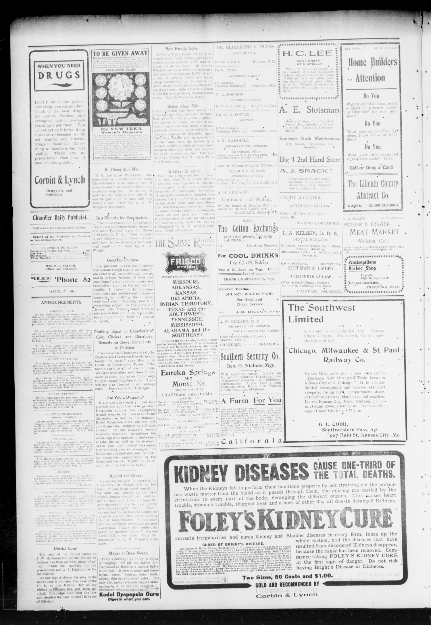 Chandler Daily Publicist. (Chandler, Okla. Terr.), Vol. 3, No. 21, Ed. 1 Monday, April 25, 1904
                                                
                                                    [Sequence #]: 2 of 4
                                                